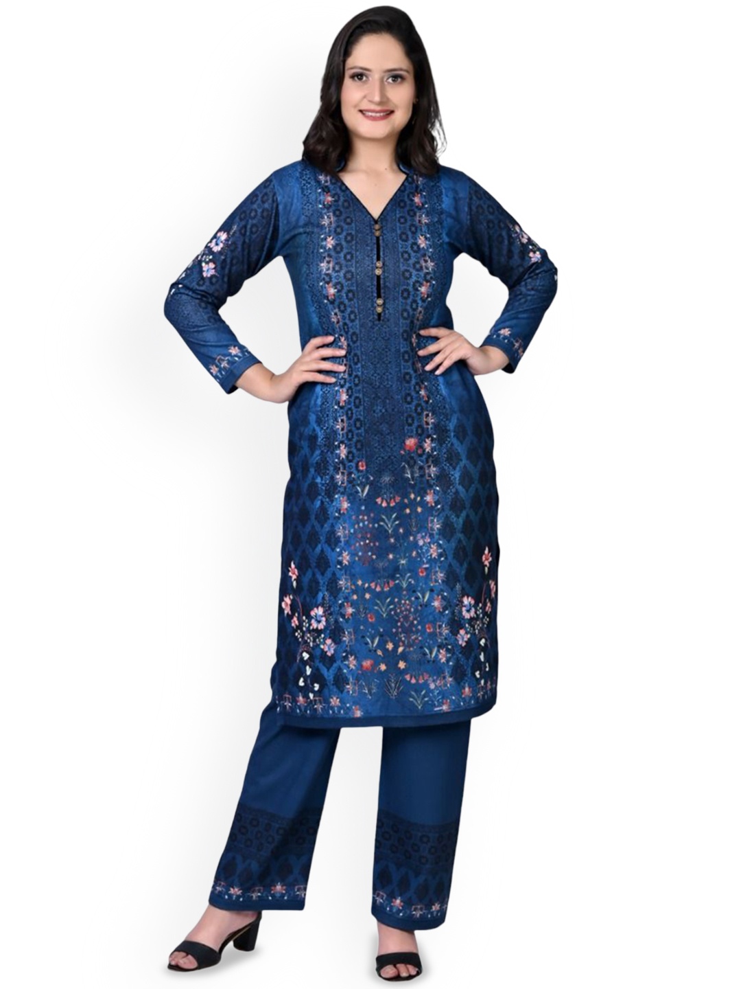 

TWENTY ME Floral Embroidered V Neck Straight Kurta with Pyjamas, Blue