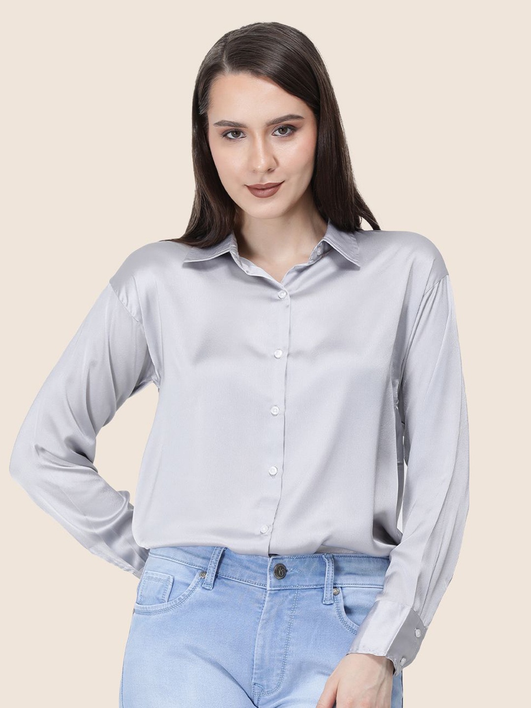 

AMSWAN Women Premium Spread Collar Solid Relaxed Fit Casual Shirt, Grey