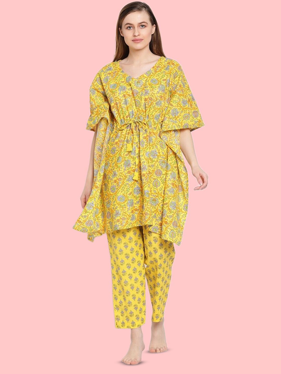 

Aartej Women Floral Printed Pure Cotton Kaftan Night Suit, Yellow