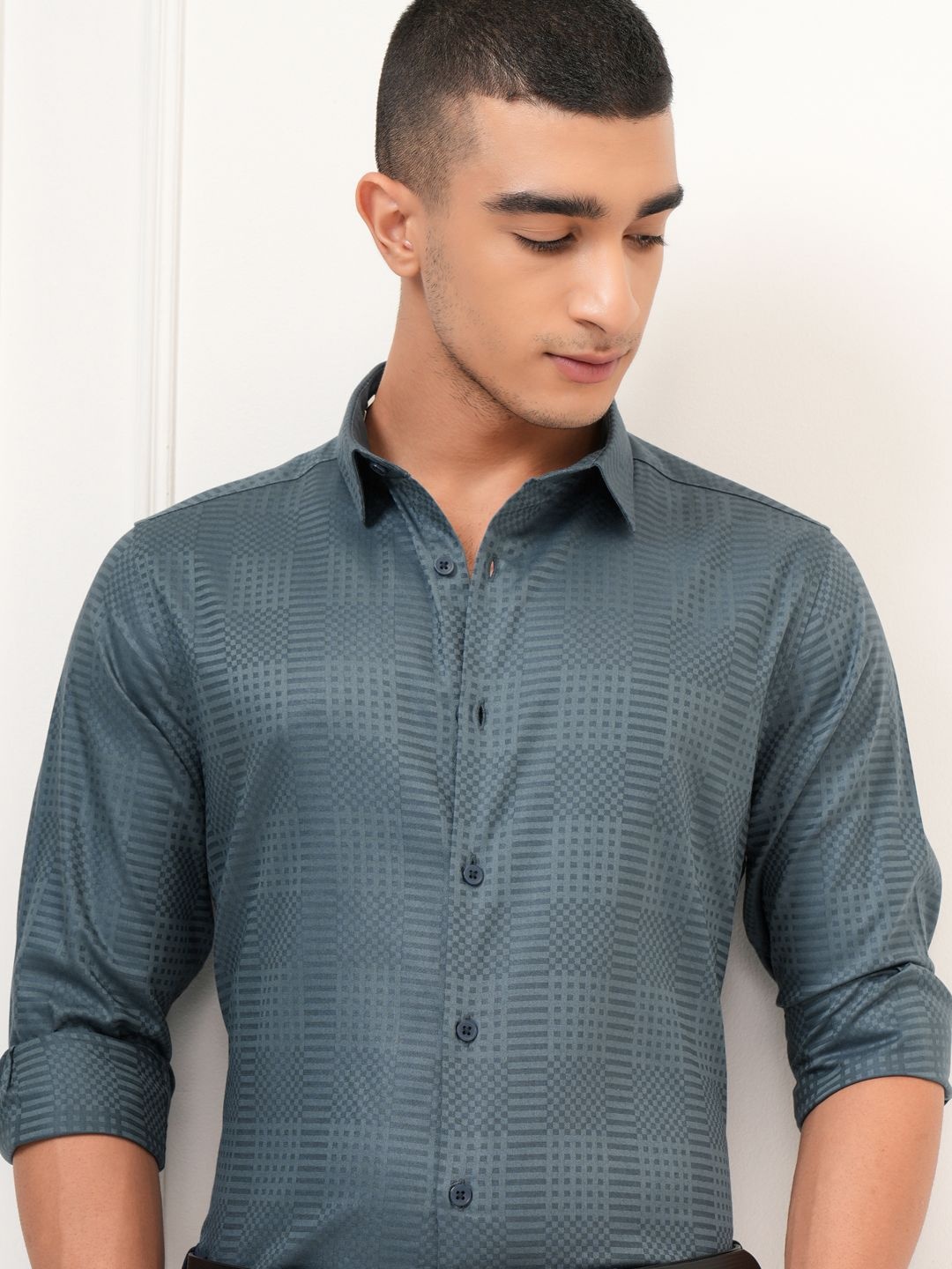 

Highlander Men Dobby Textured Solid Mui Occasion Shirt, Teal