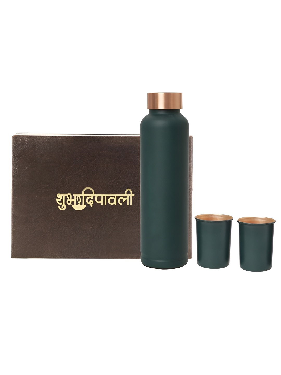 

INTERNATIONAL GIFT Green Copper Water Bottle with 2-pcs Glass & Happy Diwali Tag