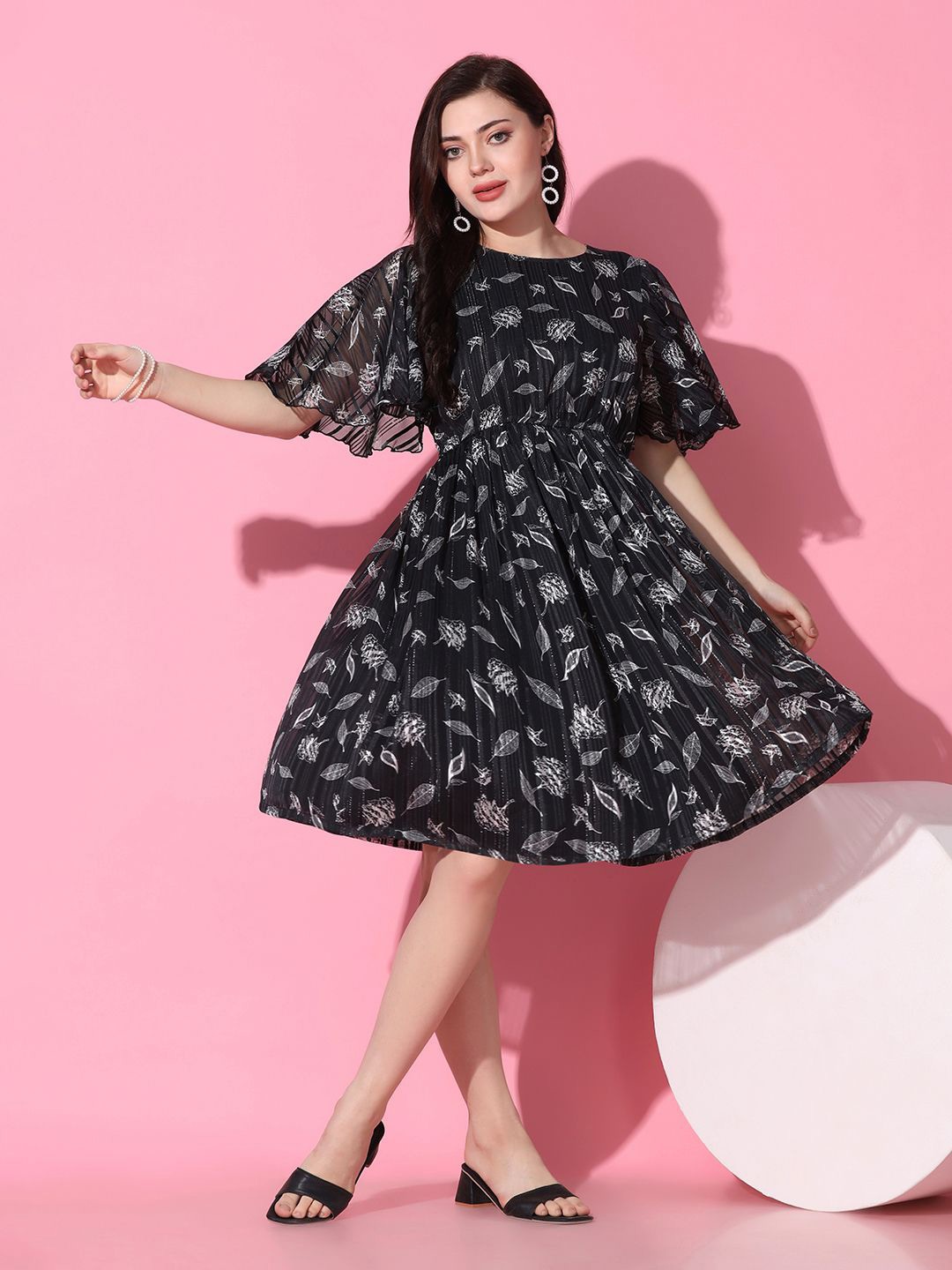 

BAESD Floral Print Flared Sleeve Georgette Fit & Flare Mini Dress, Black