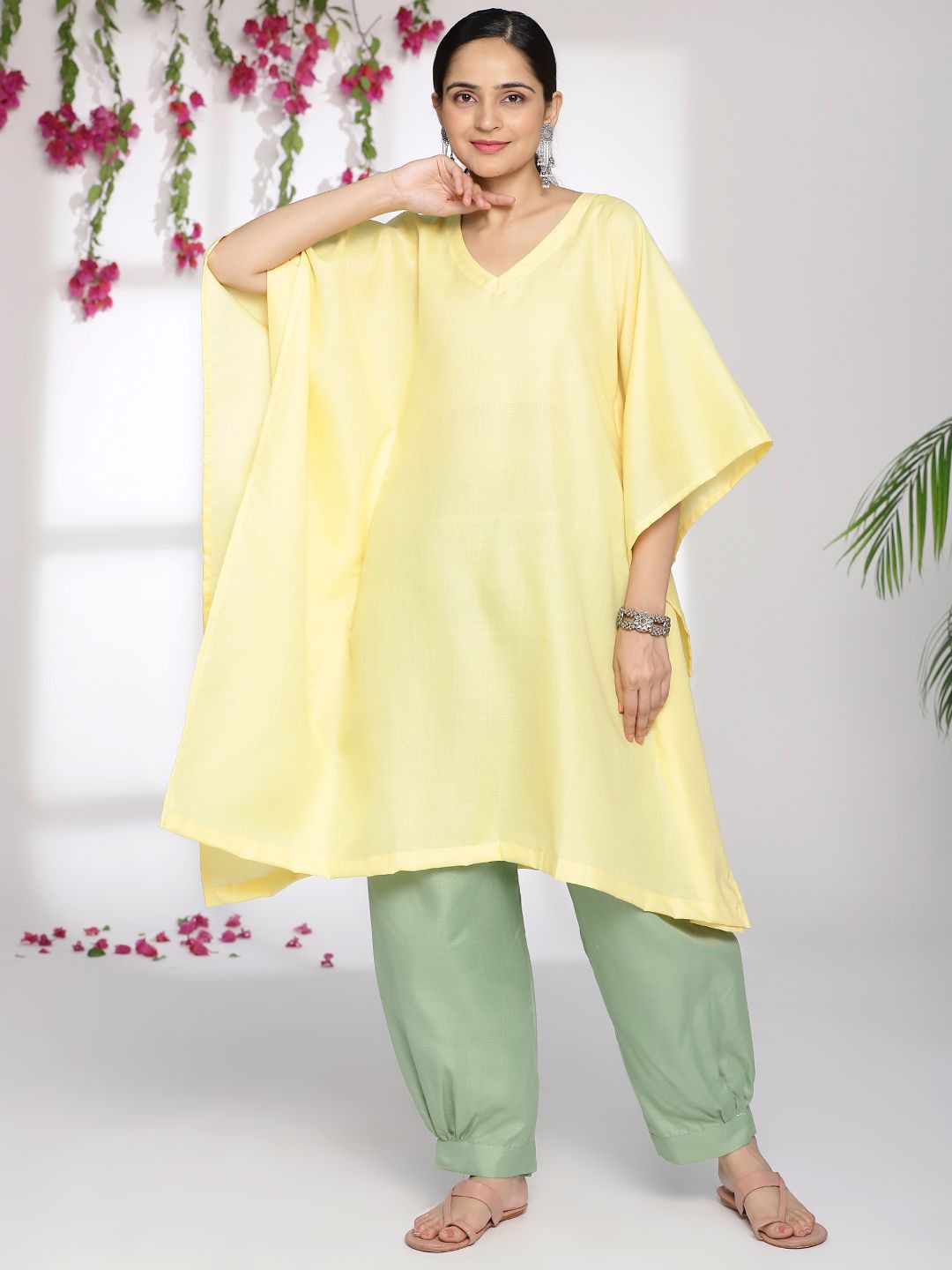 

LetsDressUp V Neck Cotton Kimono Sleeves Kaftan Kurta, Yellow