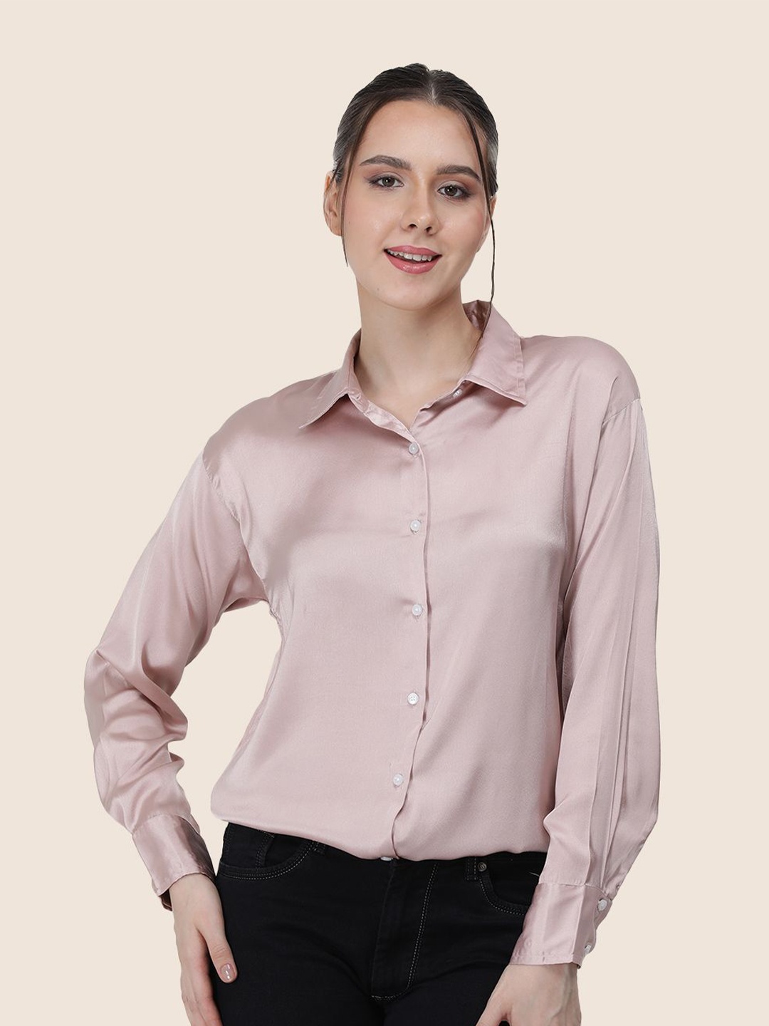 

AMSWAN Women Premium Spread Collar Solid Relaxed Fit Casual Shirt, Pink