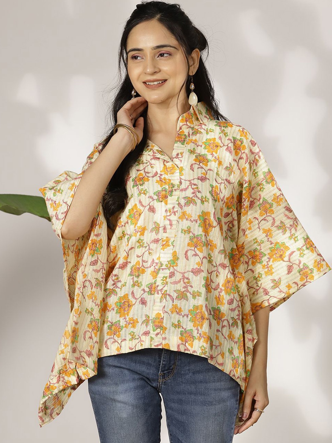 

LetsDressUp Women Floral Printed Shirt Collar Pure Cotton Top, Yellow