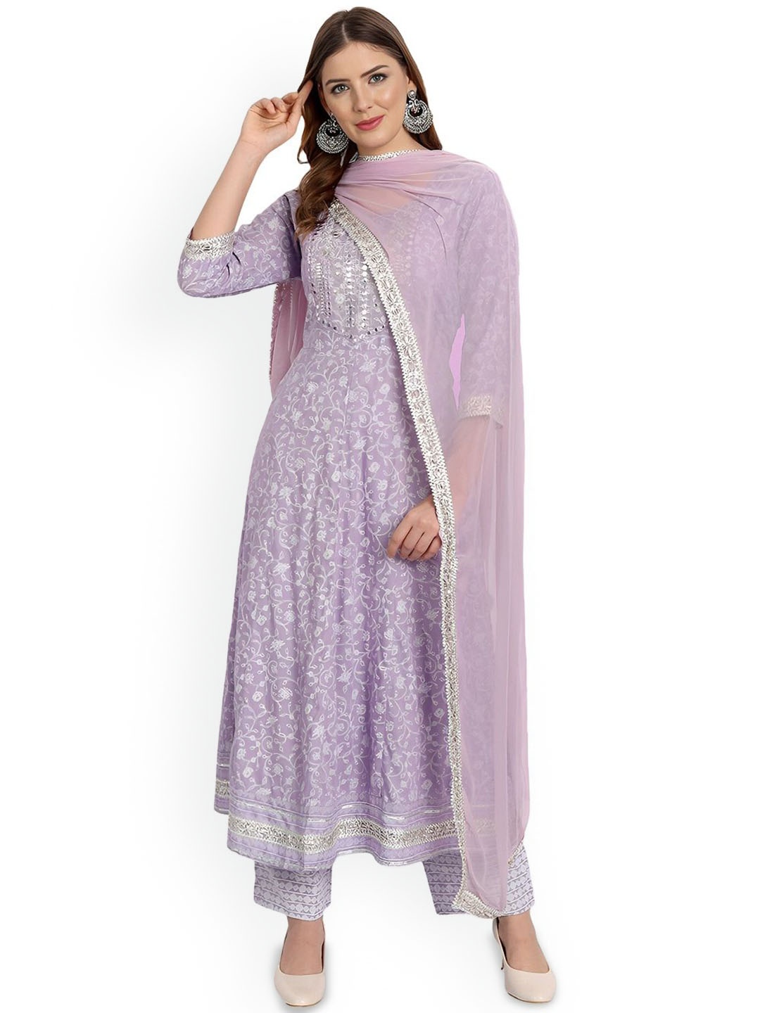 

SGRF Embroidered Regular Mirror Work Chikankari A-Line Kurta with Trousers & Dupatta, Purple