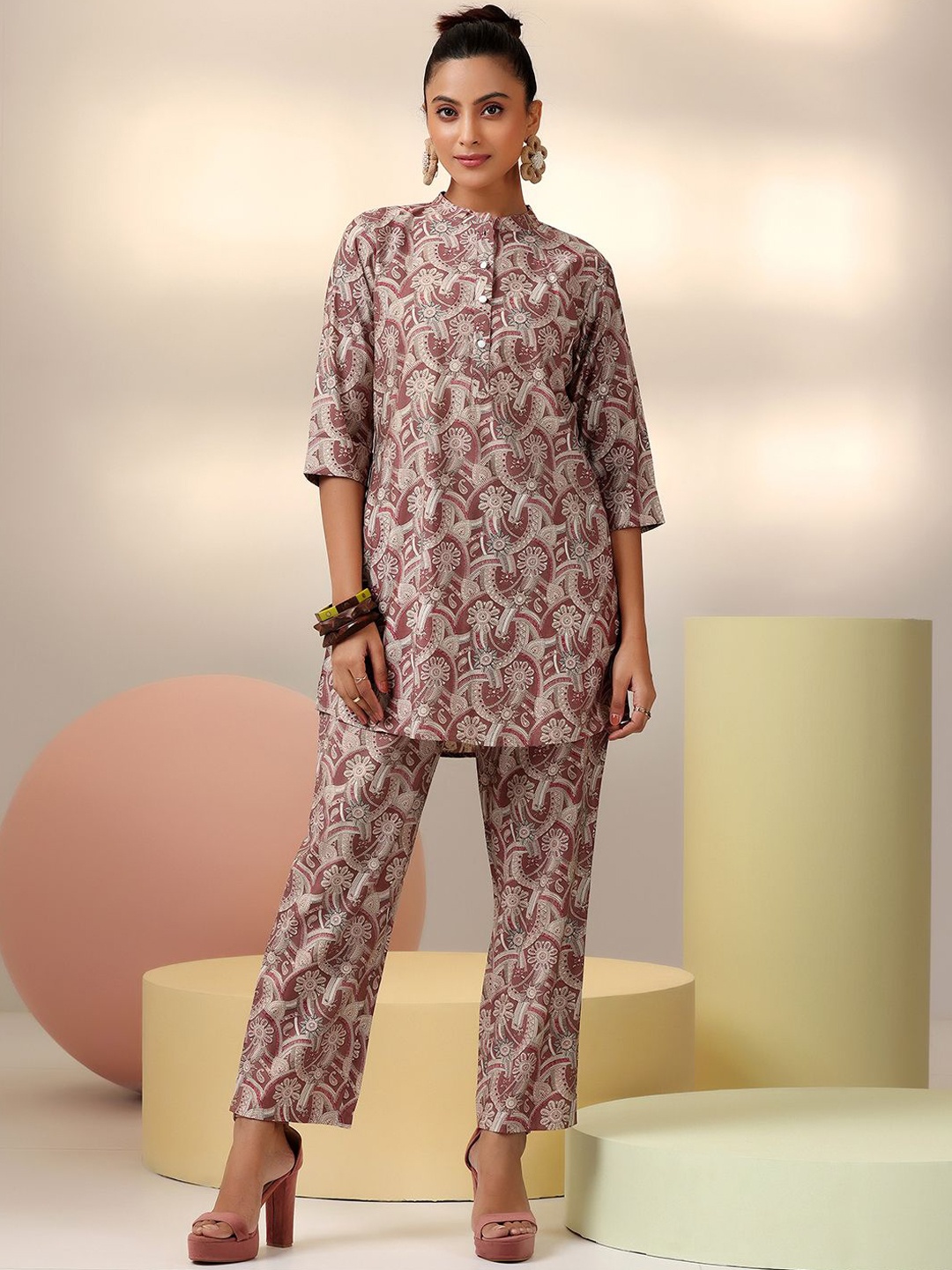 

Libas Floral Printed Mandarin Collar Tunic & Trousers, Brown