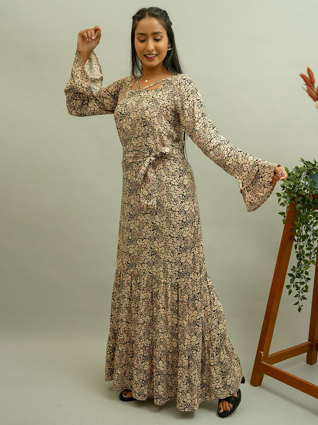 

GO BOUJEE Floral Printed Bell Sleeve Maxi Dress, Beige