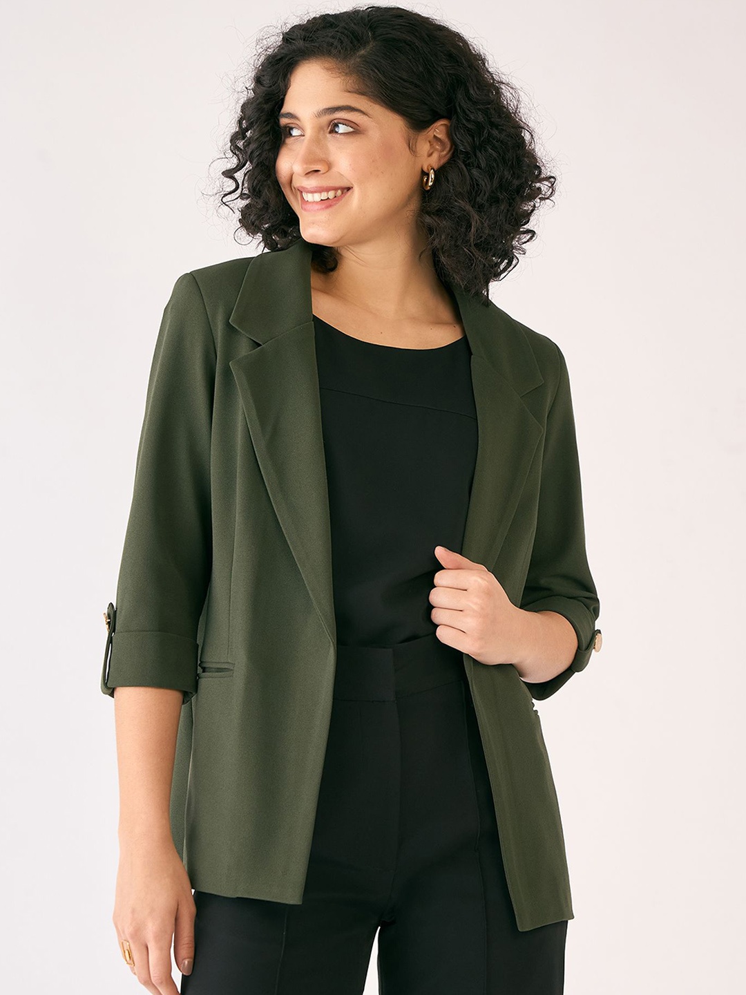 

SALT ATTIRE Notched Lapel Open Front Casual Blazer, Green