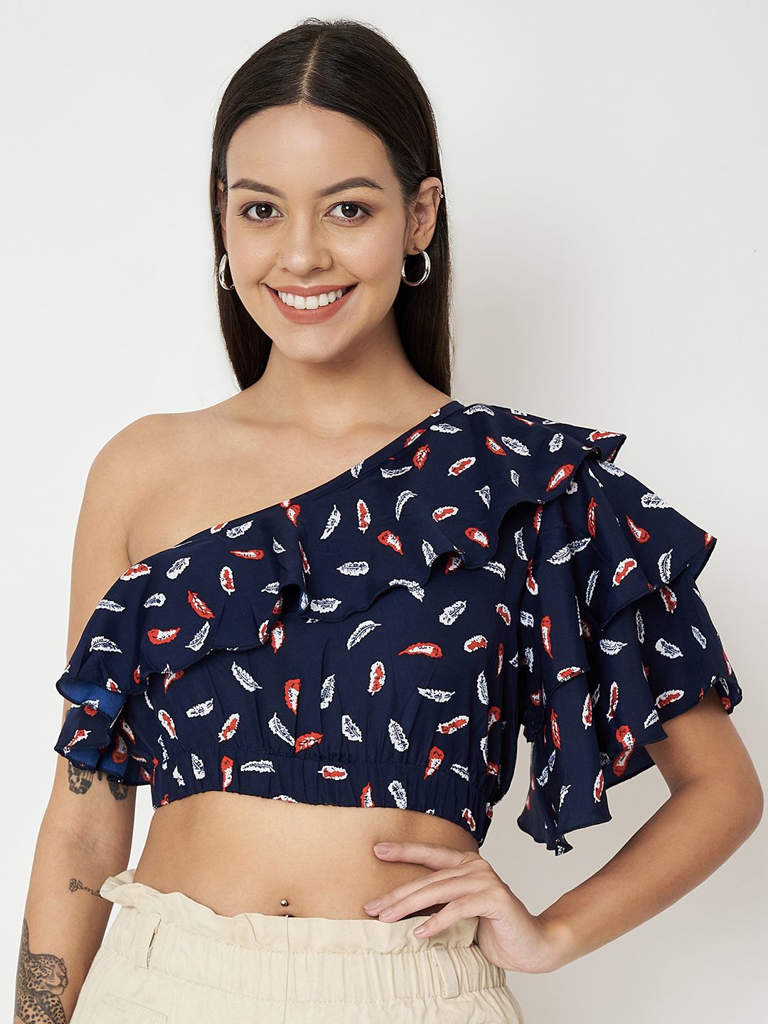 

BRINNS Women Tropical Printed One Shoulder Top, Navy blue