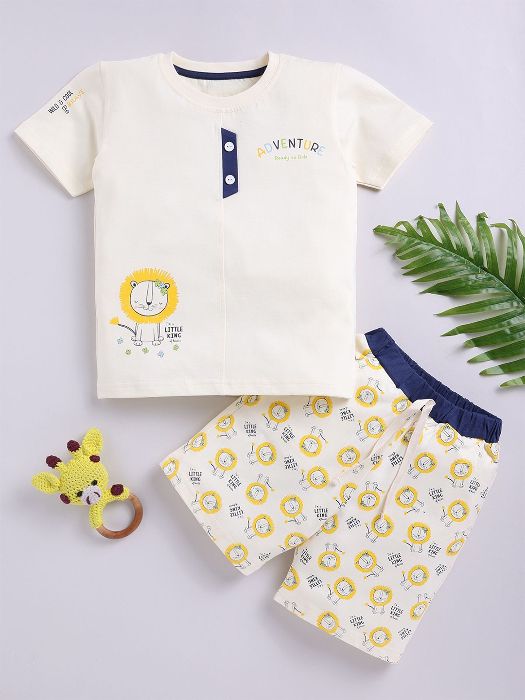 

LITTLE NINJA Boys Printed Pure Cotton T-shirt With Short, Cream