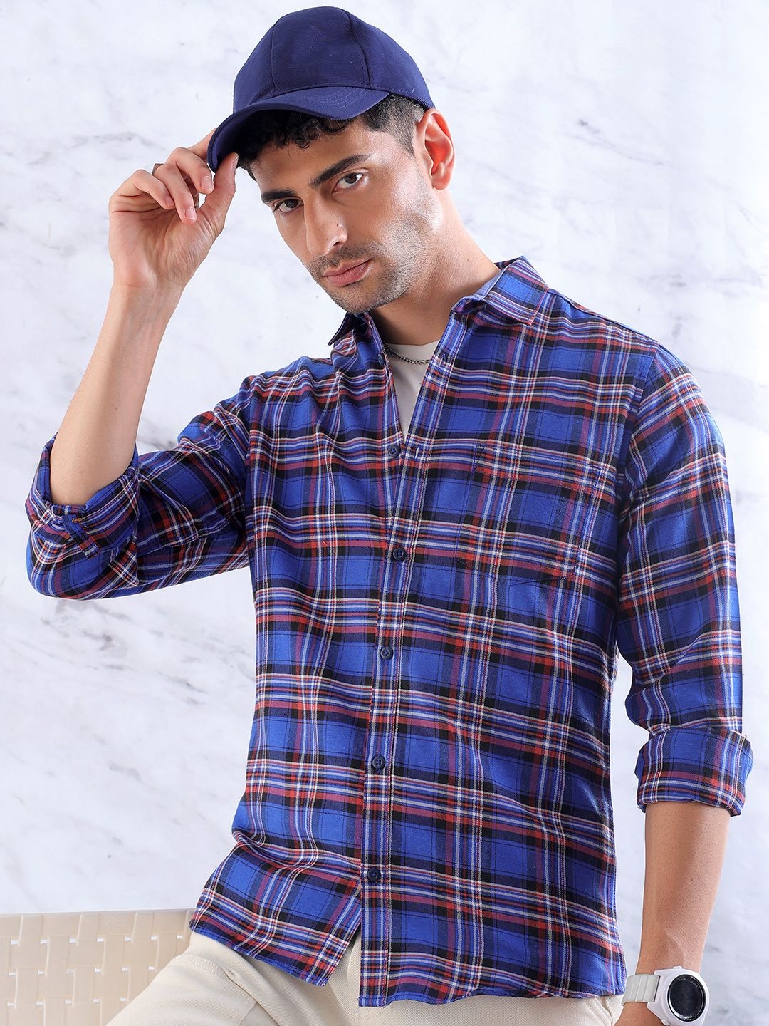 

HARDSODA Men Spread Collar Tartan Checked Cotton Casual Shirt, Blue