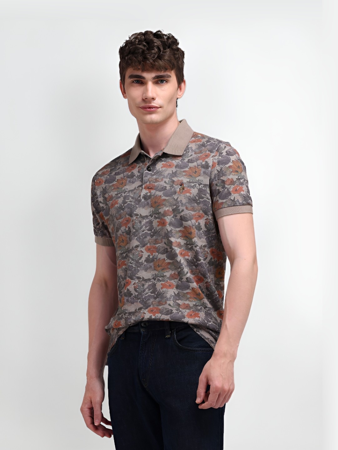 

U.S. Polo Assn. Men Floral Printed Polo Collar Cotton Slim Fit T-Shirt, Brown