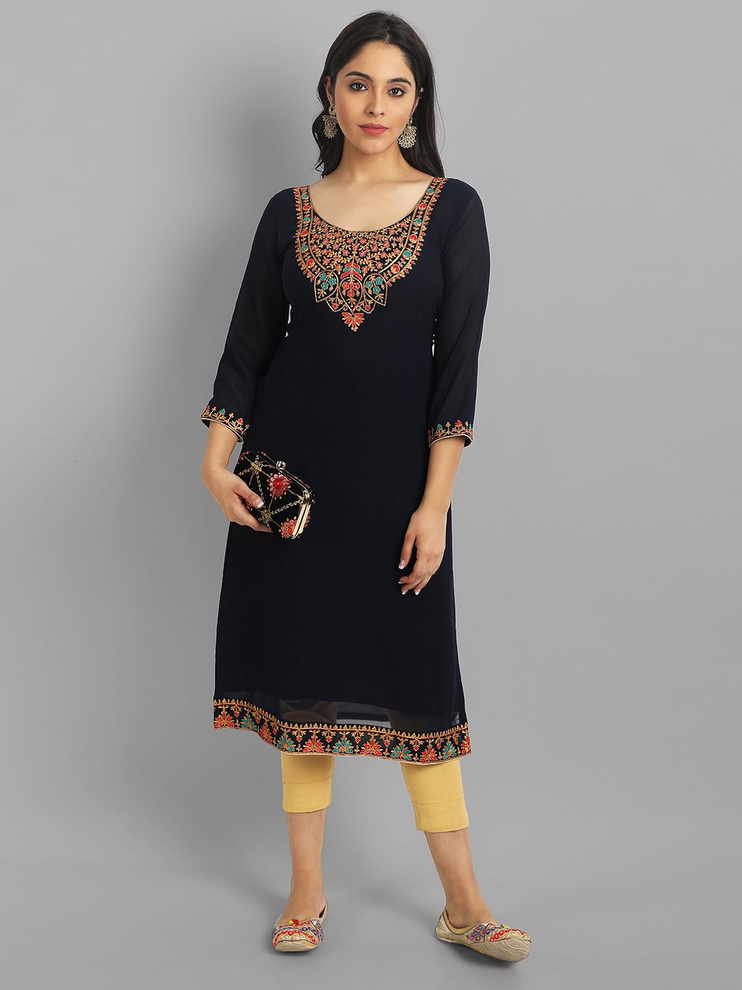 

Vastani Enterprise Floral Yoke Embroidered Straight Kurtas, Black