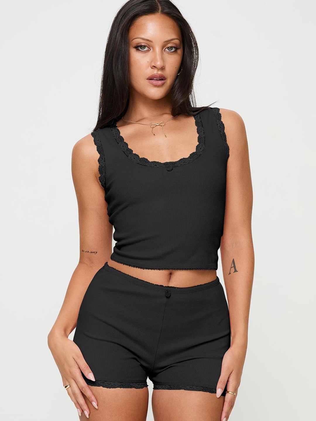 

StyleCast Scoop Neck Lace Detail Top With Shorts, Black