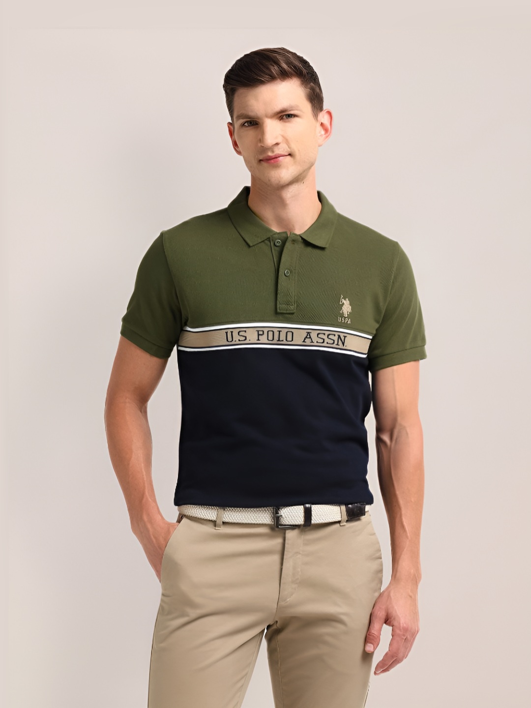 

U.S. Polo Assn. Men Colourblocked Polo Collar Cotton Slim Fit T-Shirt, Green