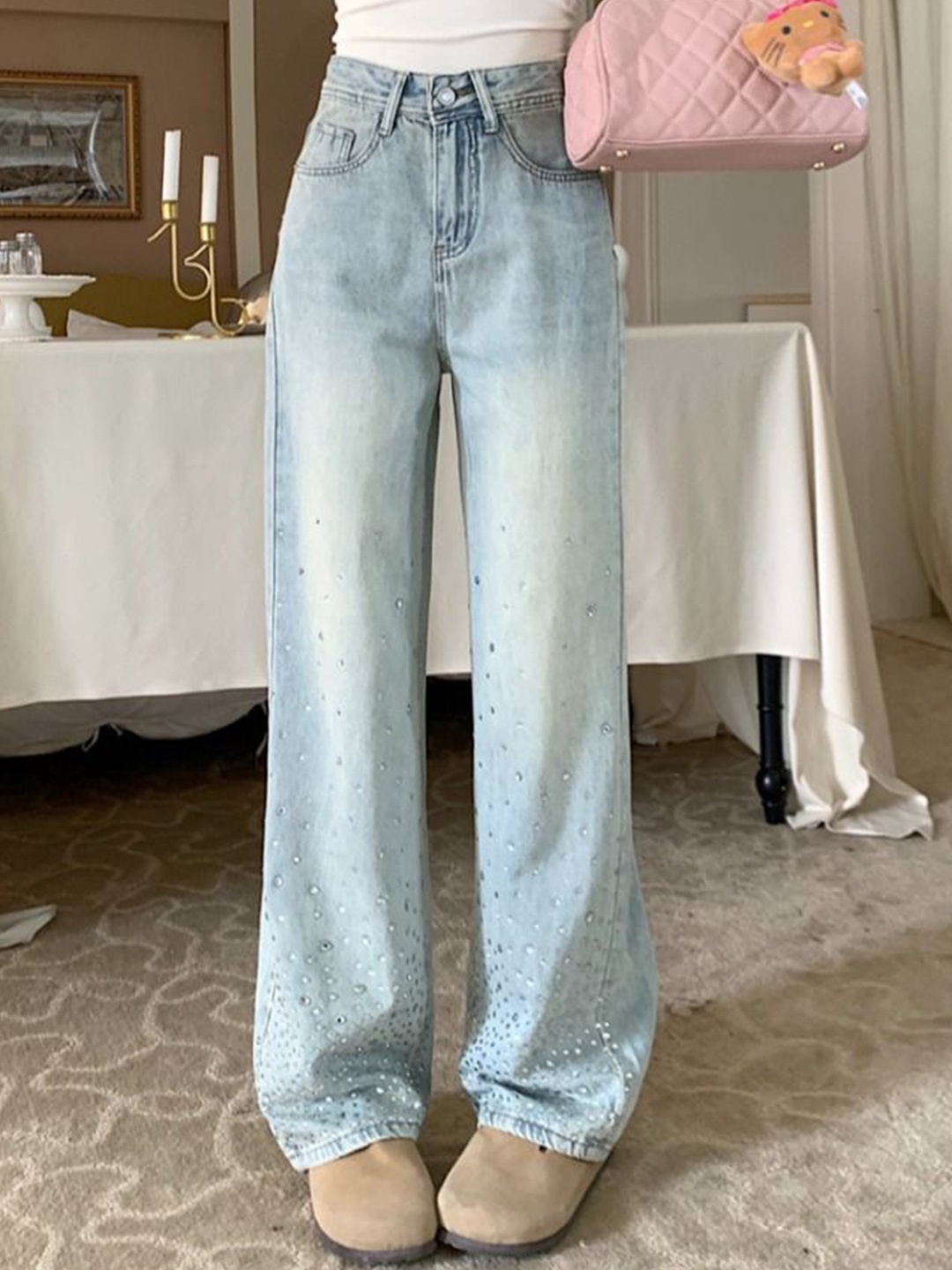 

StyleCast Women Embellished Straight Fit High-Rise Heavy Fade Denim Jeans, Blue
