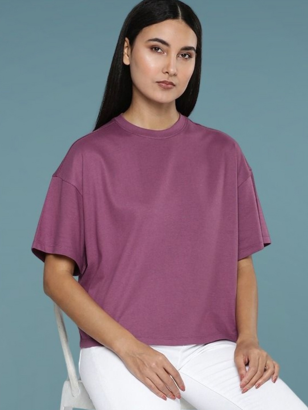 

DressBerry Women Drop-Shoulder Sleeves Boxy T-shirt, Magenta
