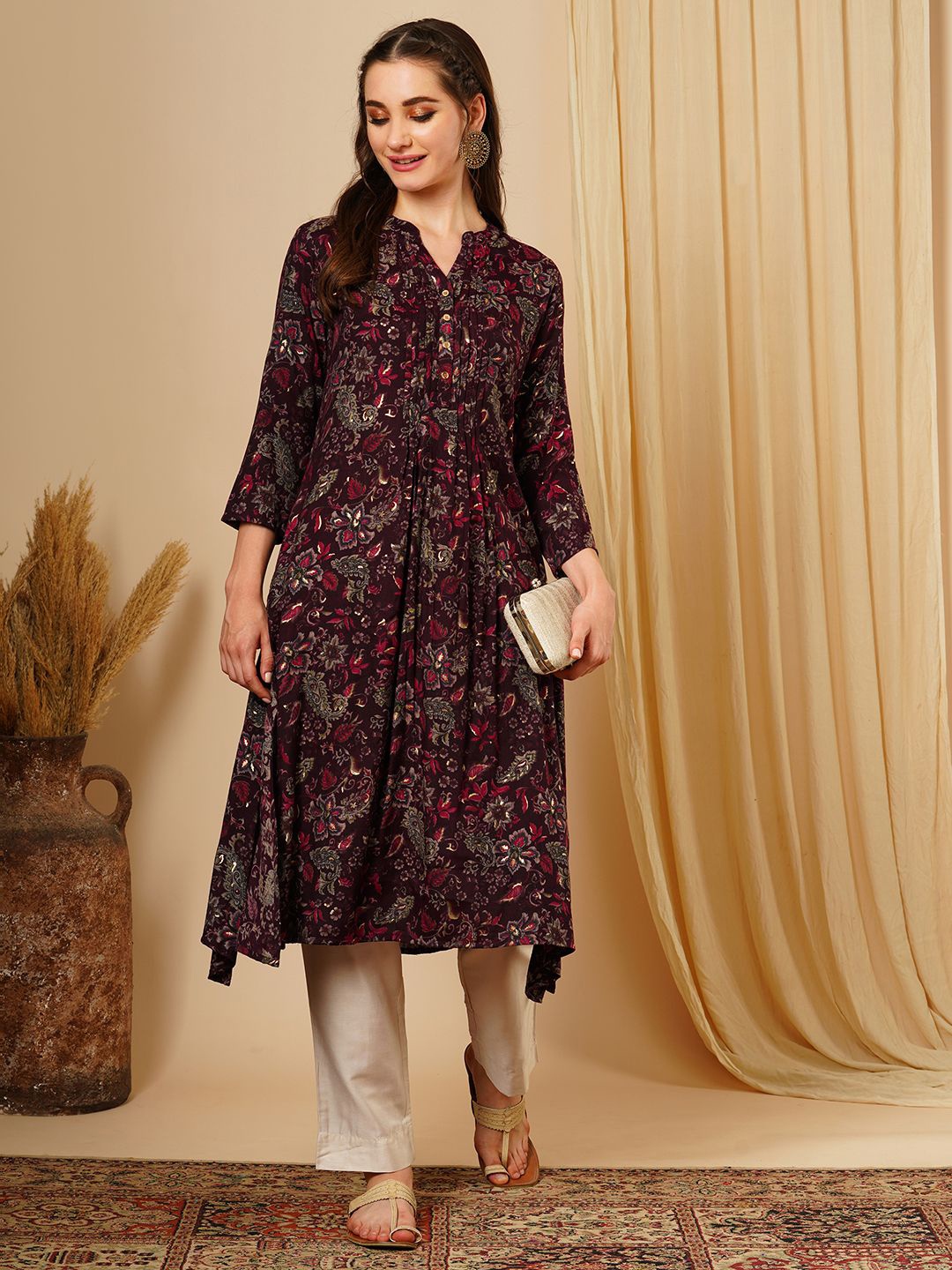 

Globus Purple Floral Printed Band Collar A-Line Kurta