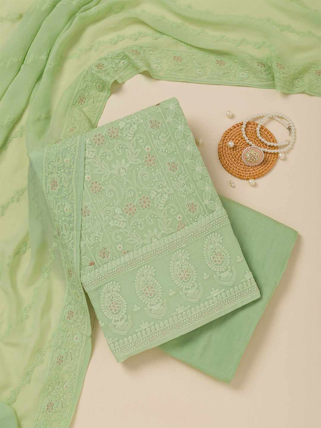 

Koskii Paisley Embroidered Thread Work Unstitched Dress Material, Green