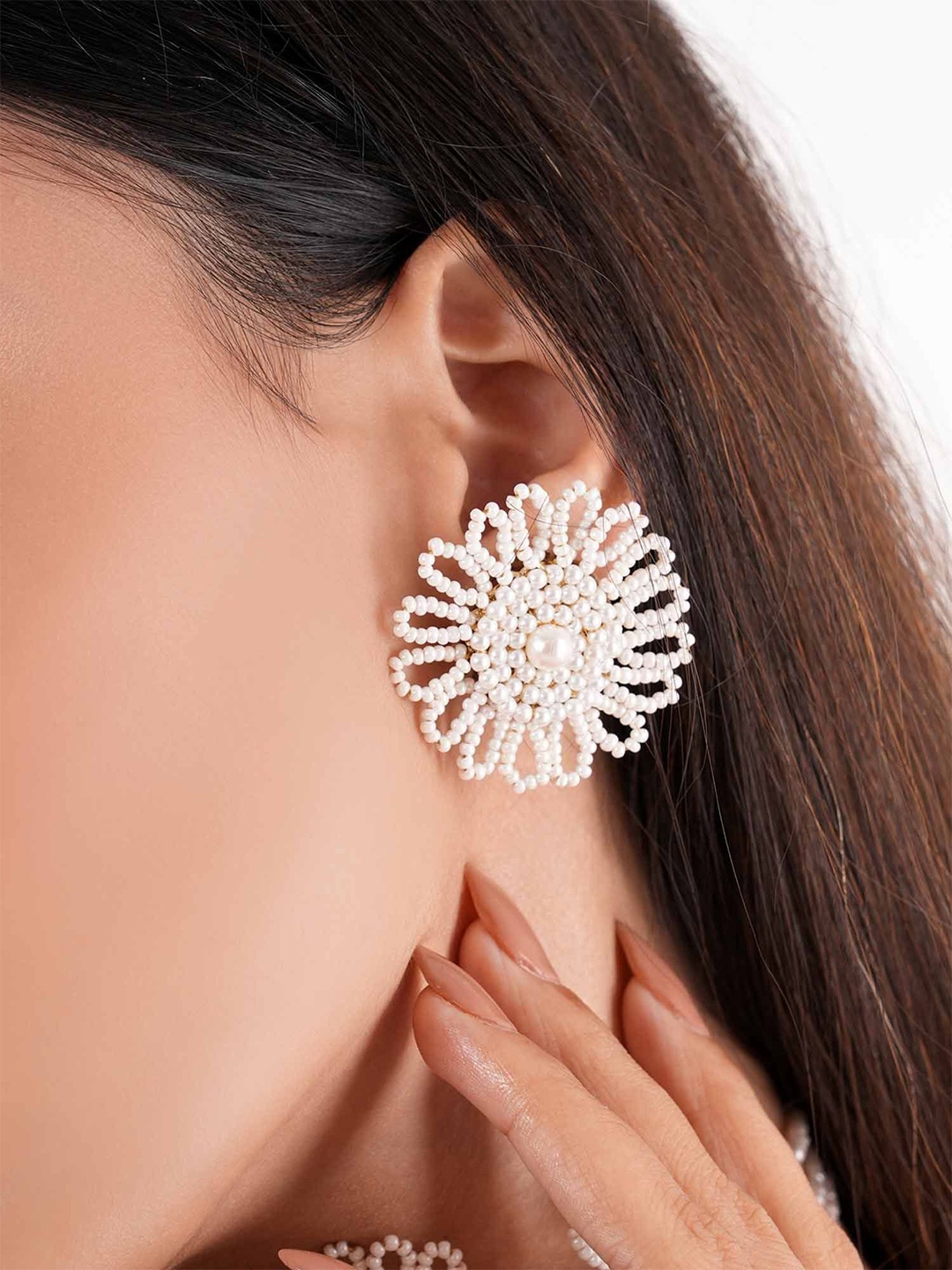 

D'oro Latica Beaded Contemporary Studs Earrings, White