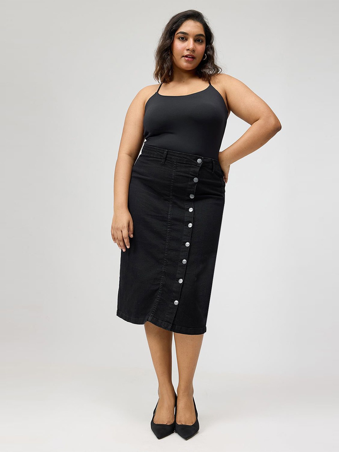 

FREAKINS Plus Size Buttoned Straight Midi Skirts, Black