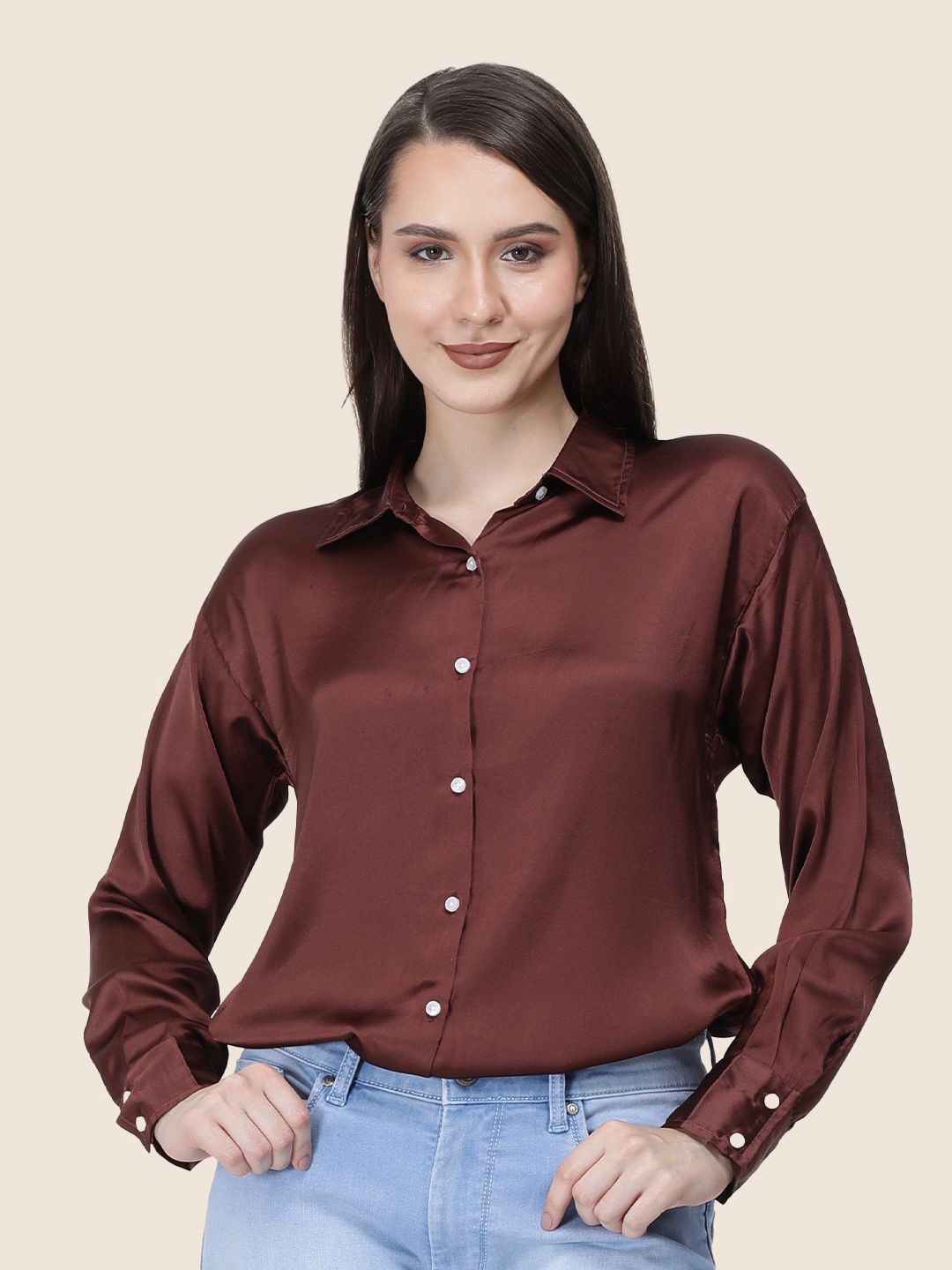 

AMSWAN Women Premium Spread Collar Solid Relaxed Fit Casual Shirt, Brown