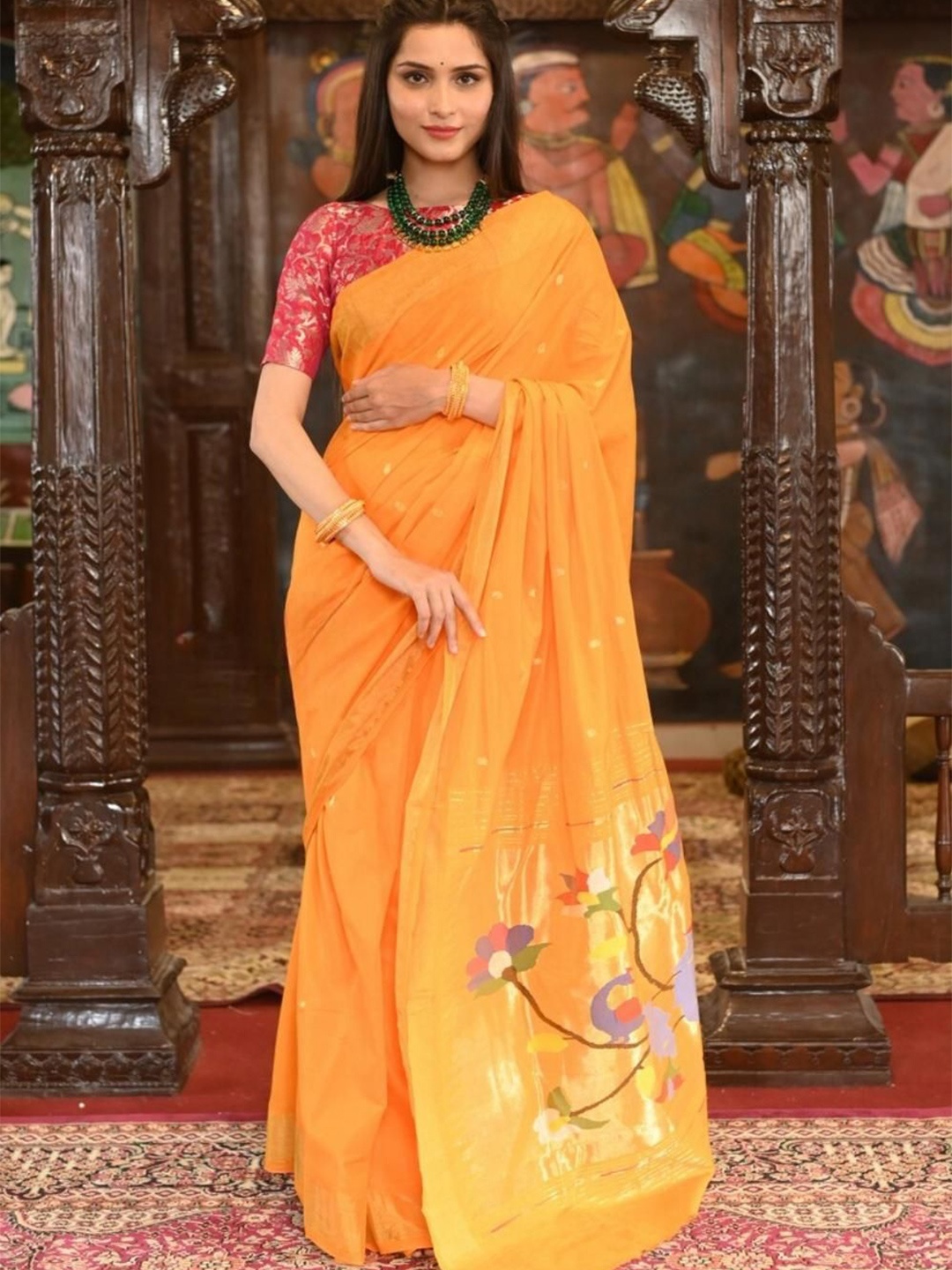 

Very Much Indian Woven Design Zari Pure Cotton Paithani Saree, Orange
