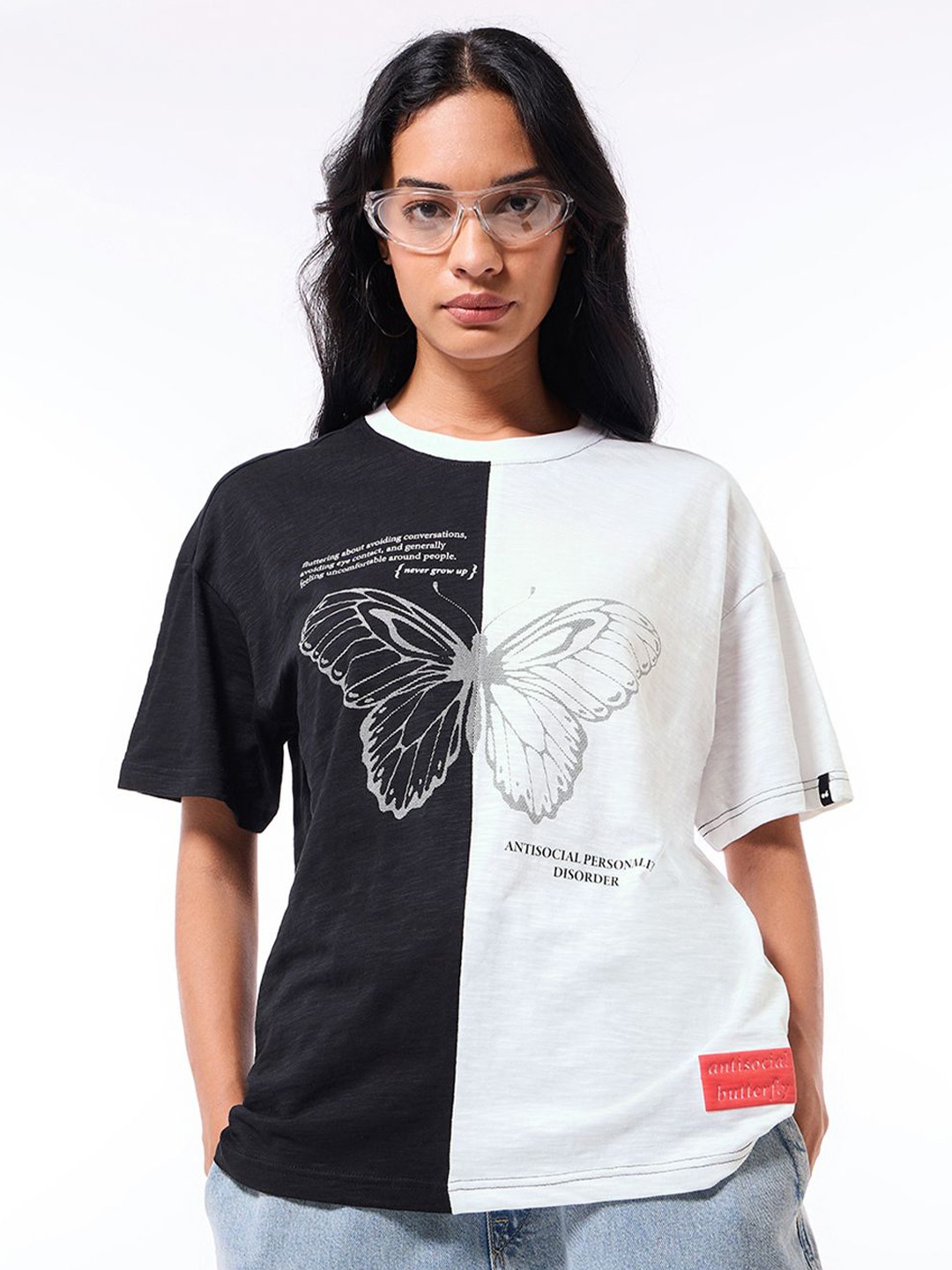 

Bewakoof Air 1.0 Women Black & White Anti Social Butterfly Graphic Printed Oversized T-shirt