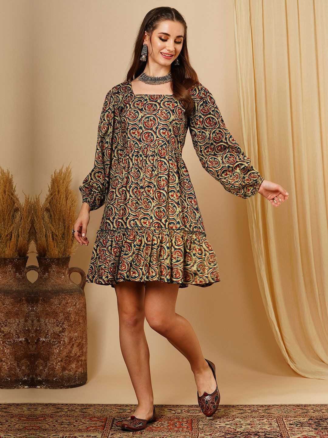 

Globus Printed Bishop Sleeve Fit & Flare Ethnic Dress, Green