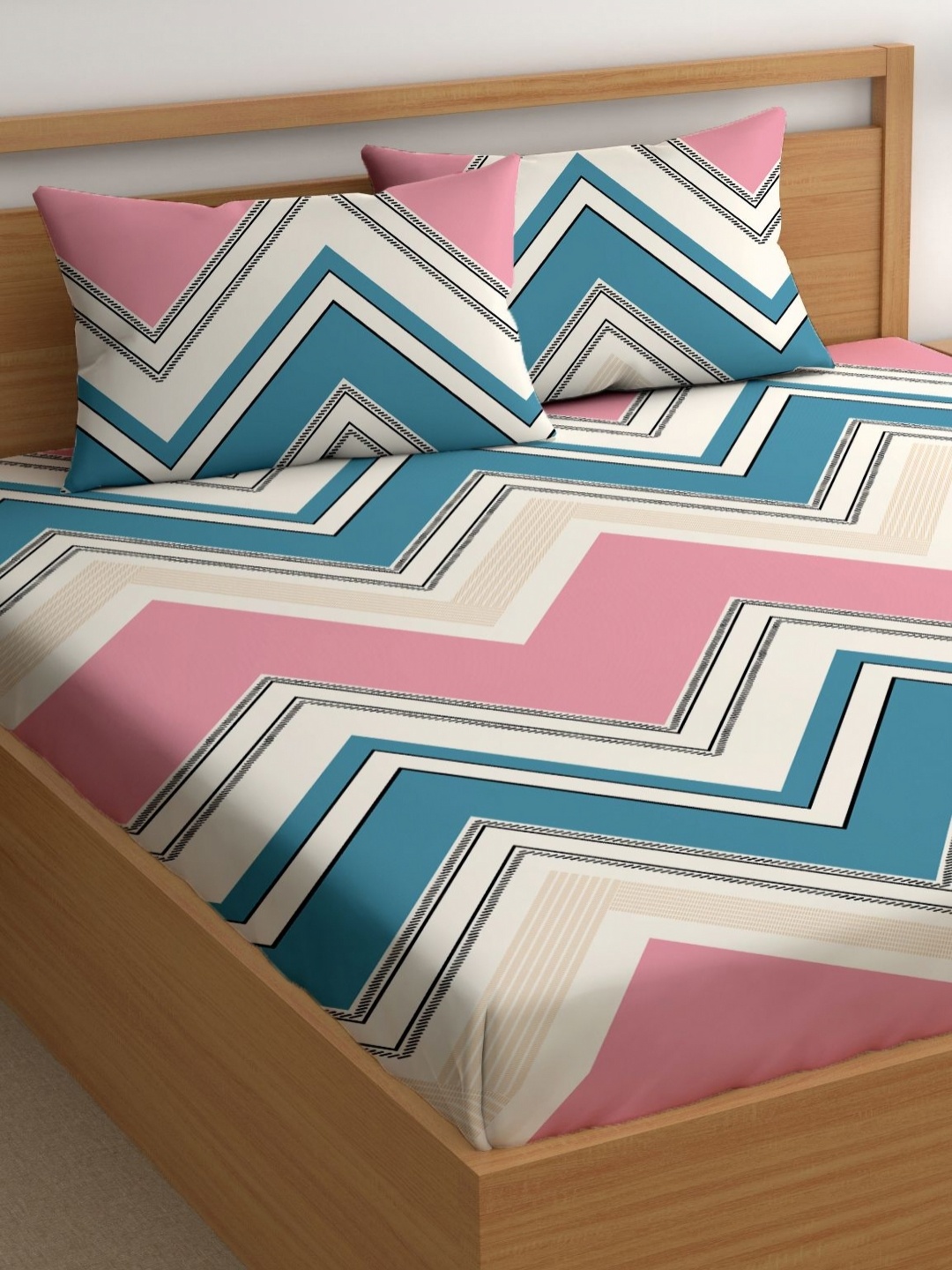 

CHHAVI INDIA Pink & Blue Geometric 210 TC Queen Bedsheet With 2 Pillow Covers