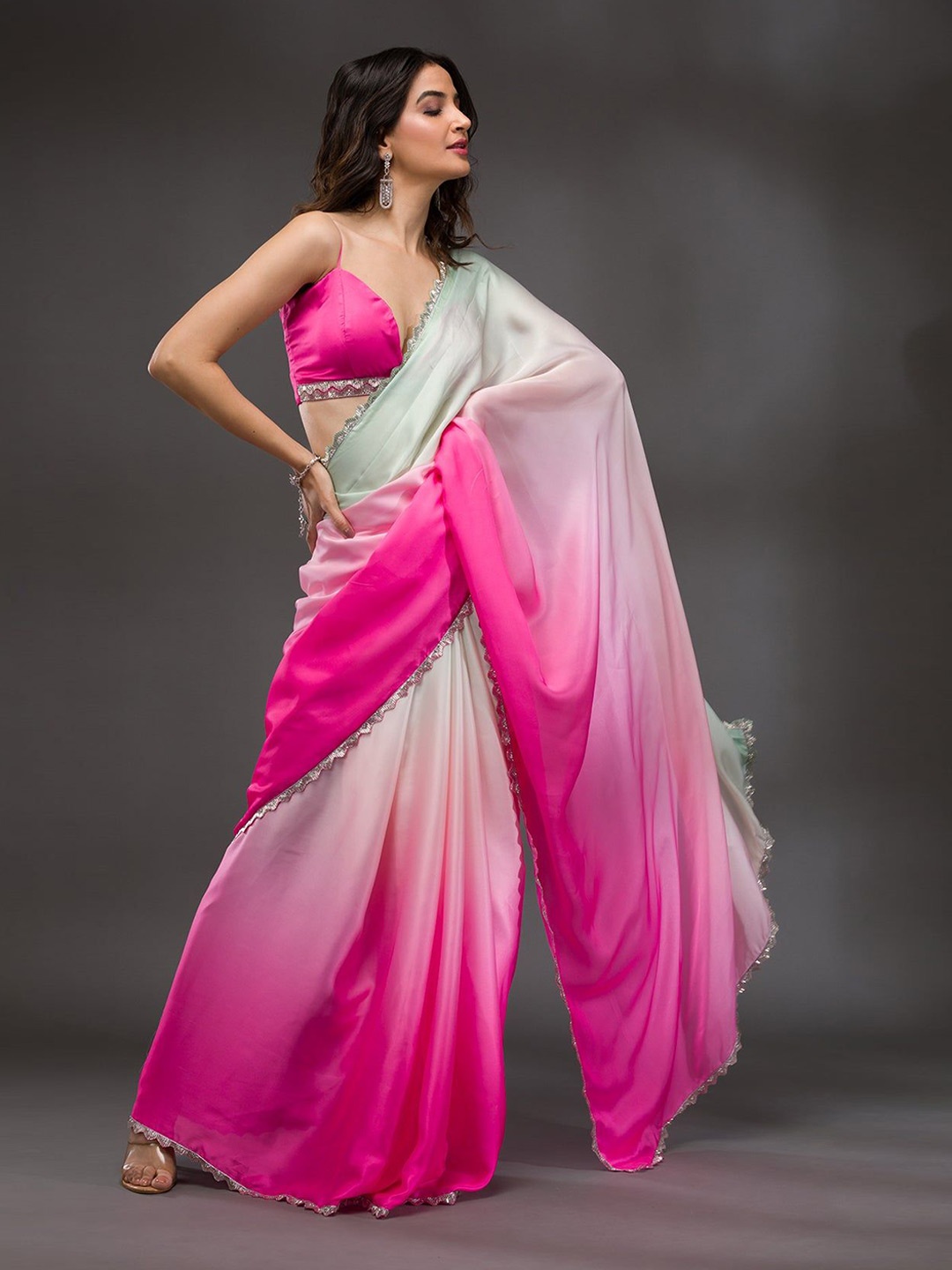 

Jinal & Jinal Ombre Beads and Stones Poly Crepe Saree, Pink