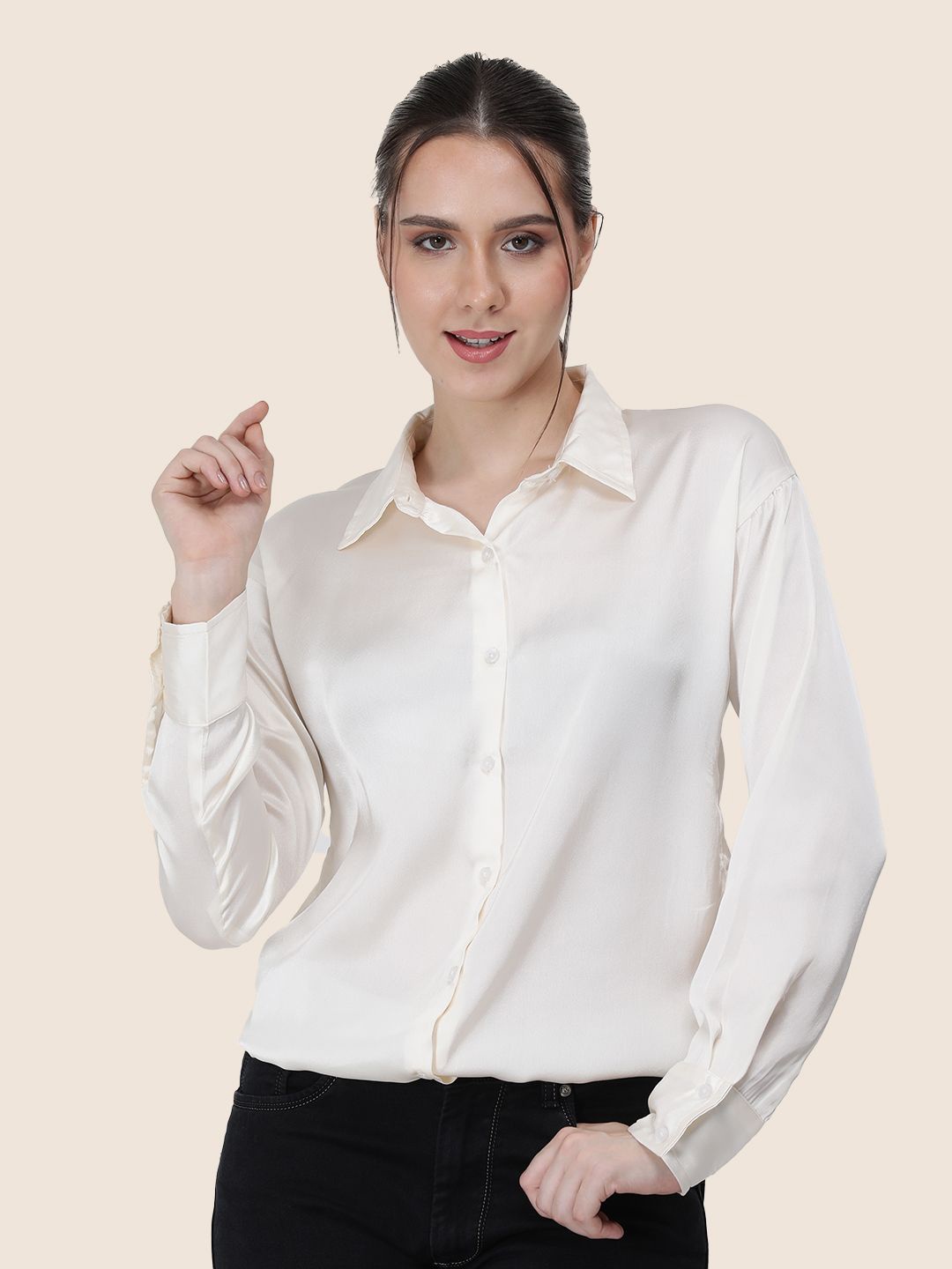 

AMSWAN Women Premium Spread Collar Solid Relaxed Fit Casual Shirt, Cream