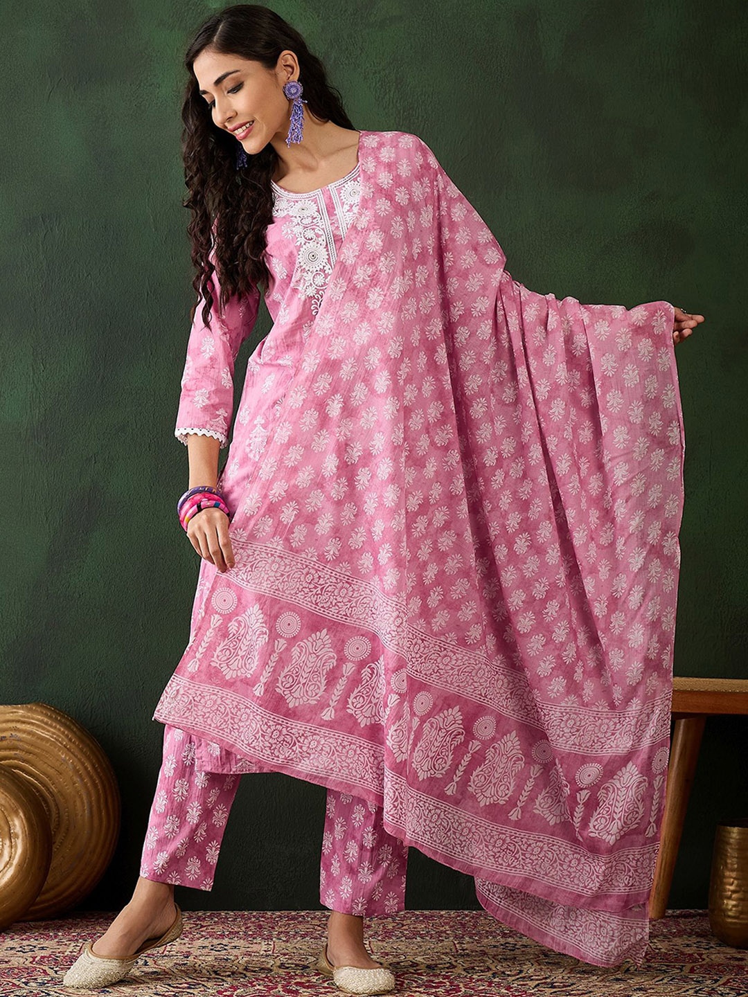 

Sangria Embroidered Thread Work Pure Cotton Straight Kurta With Trousers & Dupatta, Peach