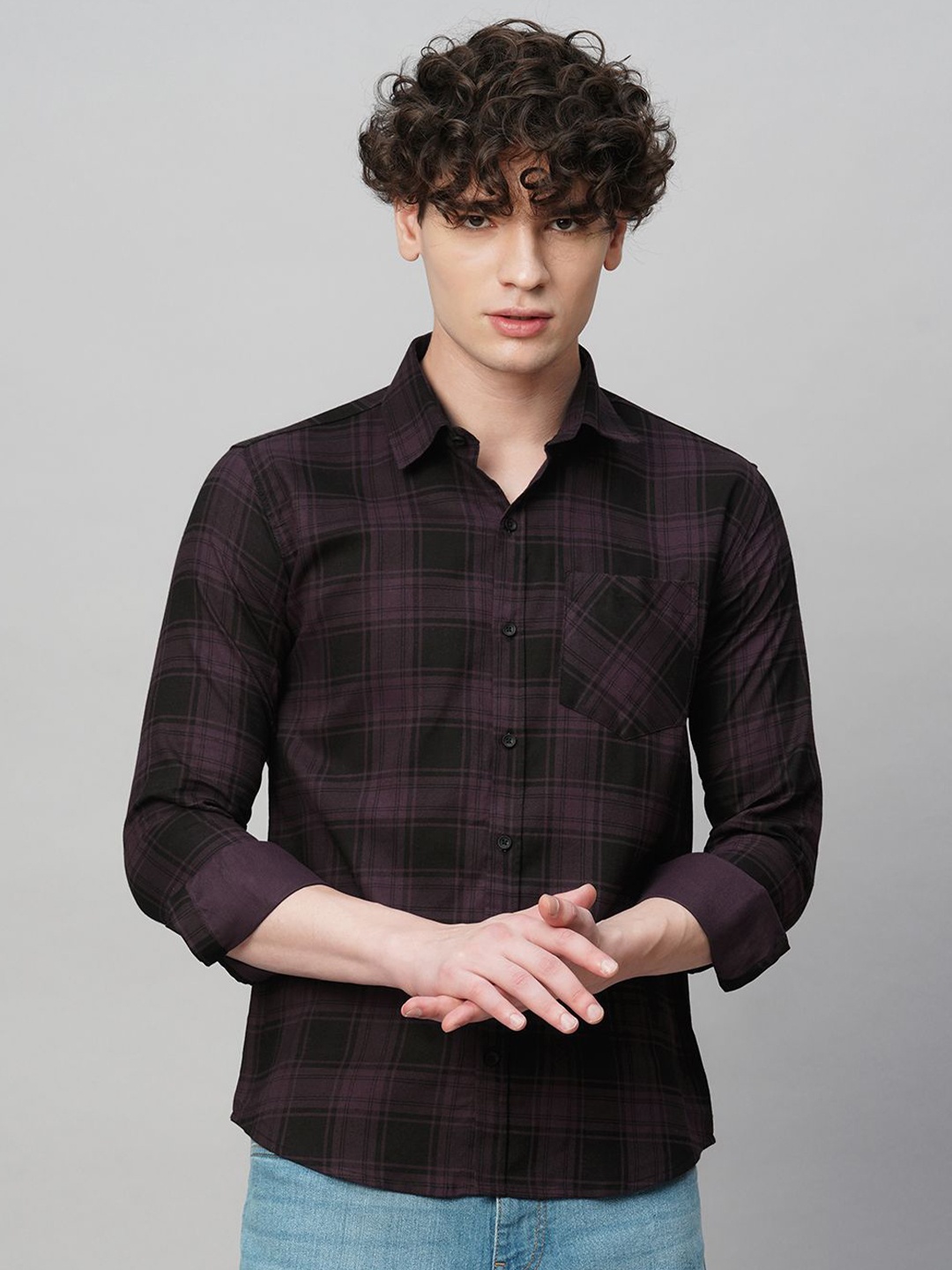 

TRYBUY.IN Men Comfort Spread Collar Tartan Checked Cotton Party Shirt, Purple