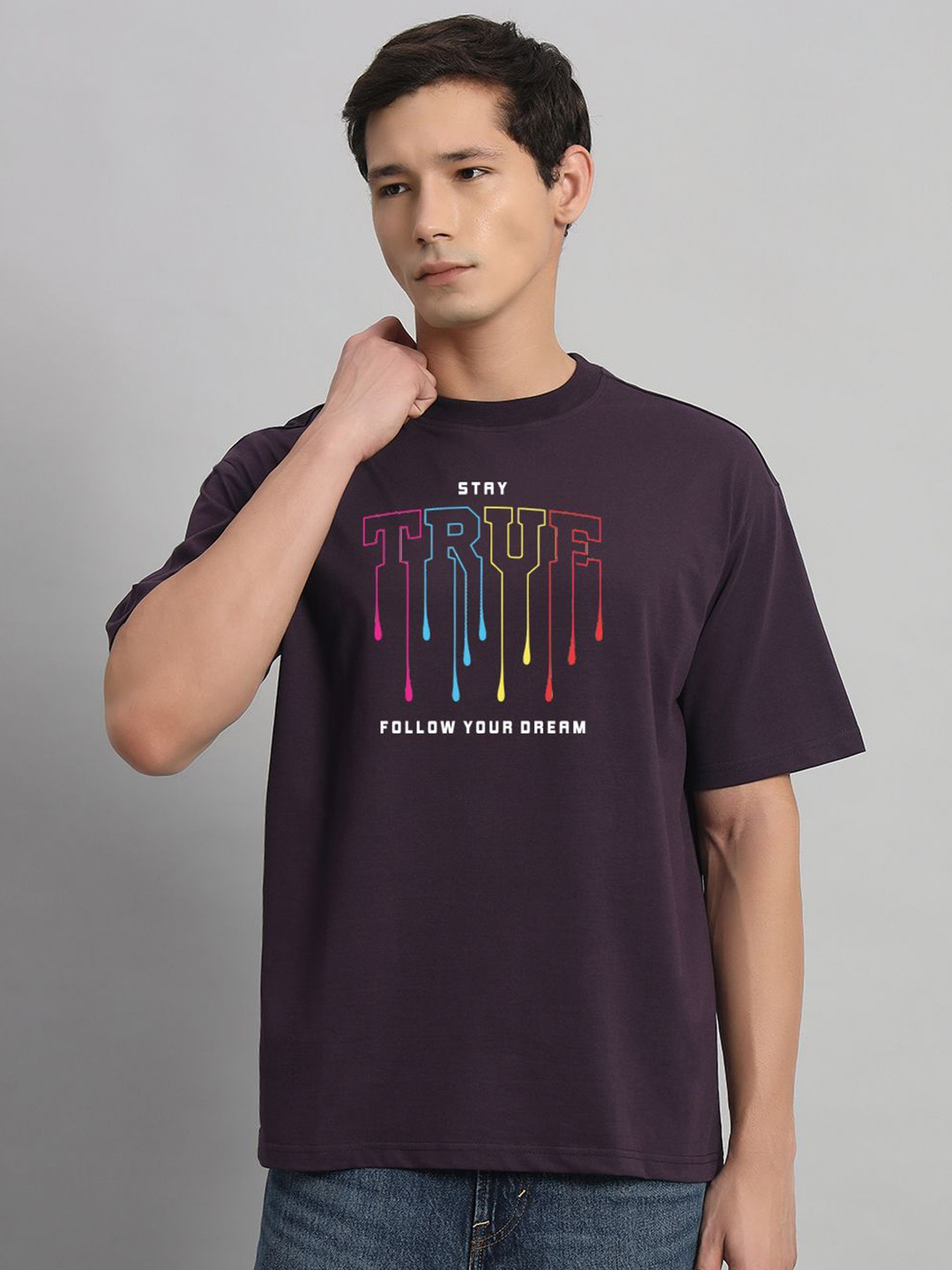 

SWAGNOX Men Typography Printed Round Neck Cotton Oversized T-shirt, Burgundy