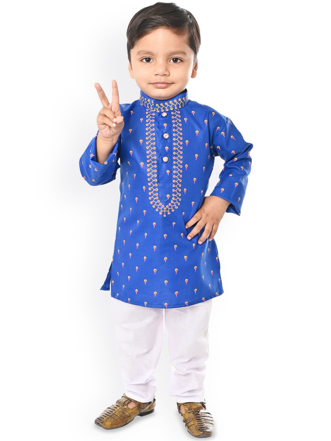 

NFC CREATION Boys Floral Printed Straight Kurta with Pyjamas, Blue