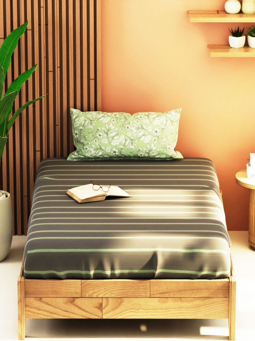 

KOPA Bagator Grey & Green Striped 152 TC Single Bedsheet With 1 Pillow Covers