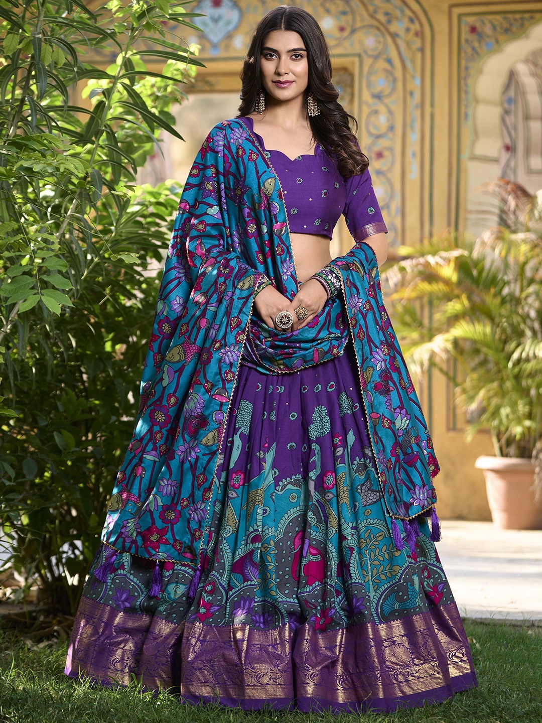 

LOOKNBOOK ART Printed Kalamkari Ready to Wear Lehenga & Unstitched Blouse With Dupatta, Purple