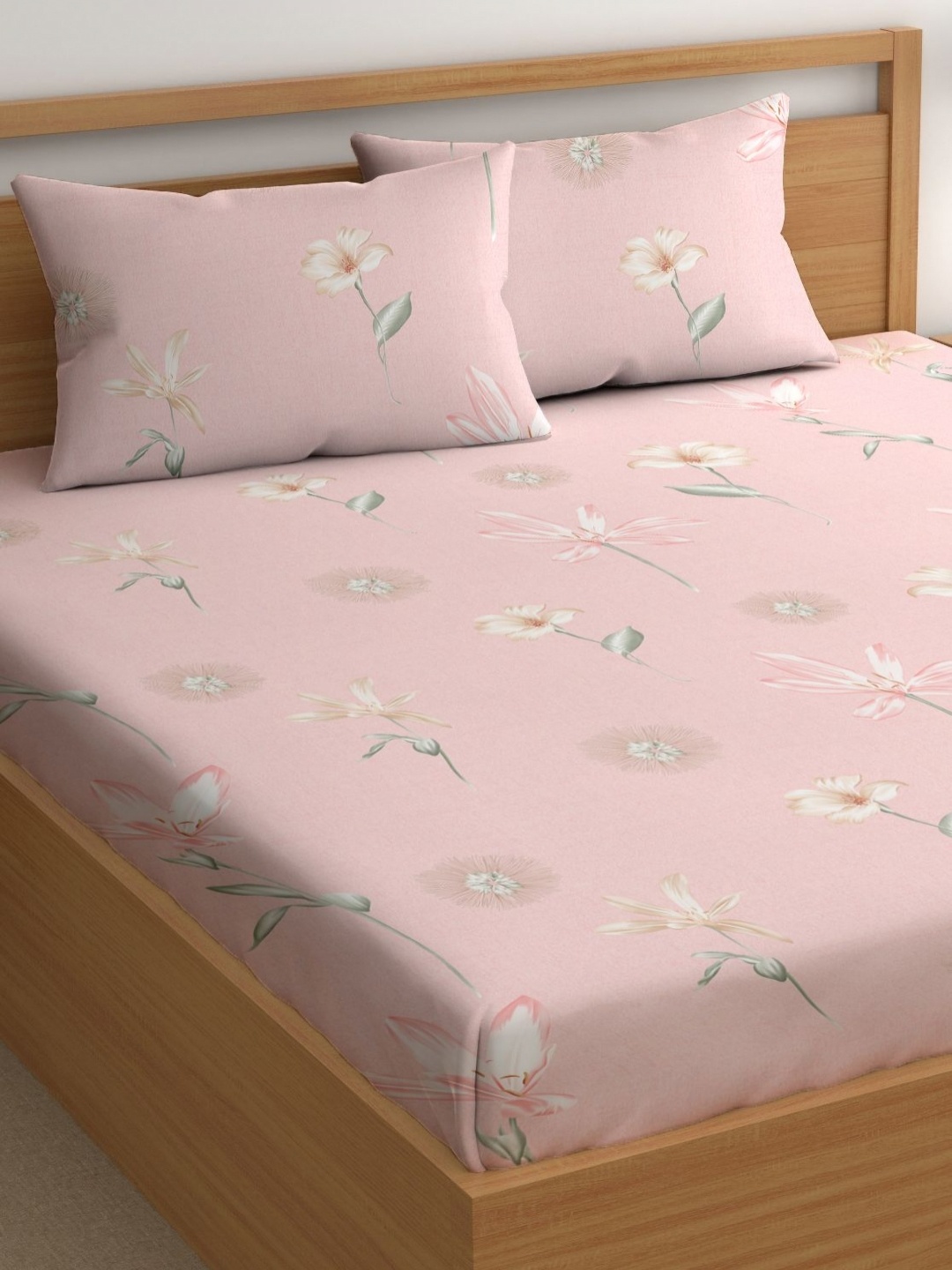

CHHAVI INDIA Pink & White Floral 210 TC Queen Bedsheet With 2 Pillow Covers
