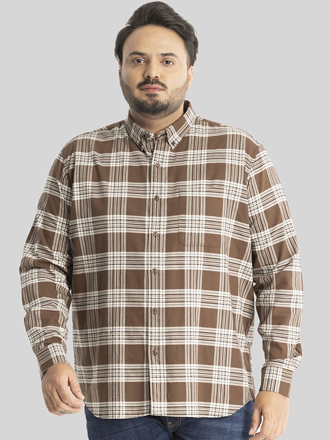 

Snitch Plus Size Men Relaxed Tartan Checks Opaque Checked Casual Shirt, Brown