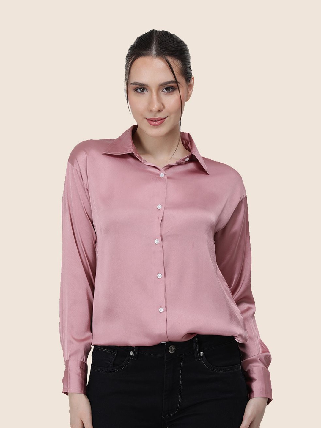 

AMSWAN Women Premium Spread Collar Solid Relaxed Fit Casual Shirt, Pink