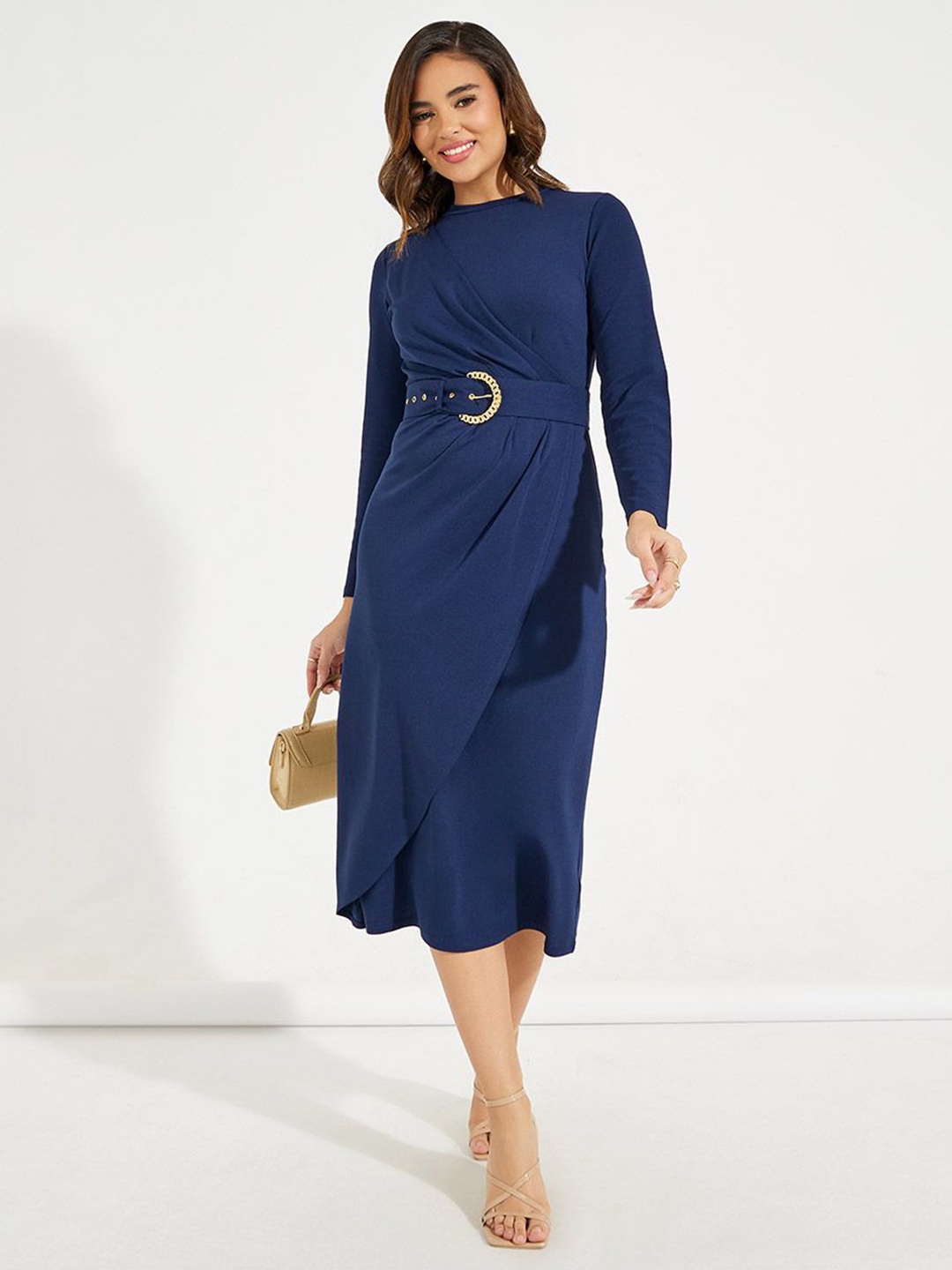

Styli High Neck Wrap Front Belted Midi Dress, Navy blue