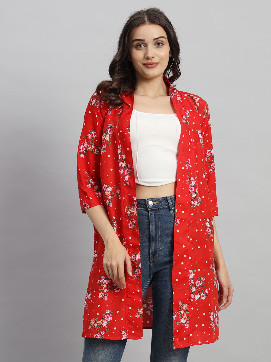 

Curvydrobe Floral Printed Longline Open Front Shrug, Red