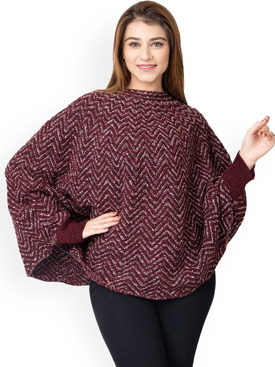 

TWENTY ME Women Woollen Lightweight Poncho Jacket, Maroon