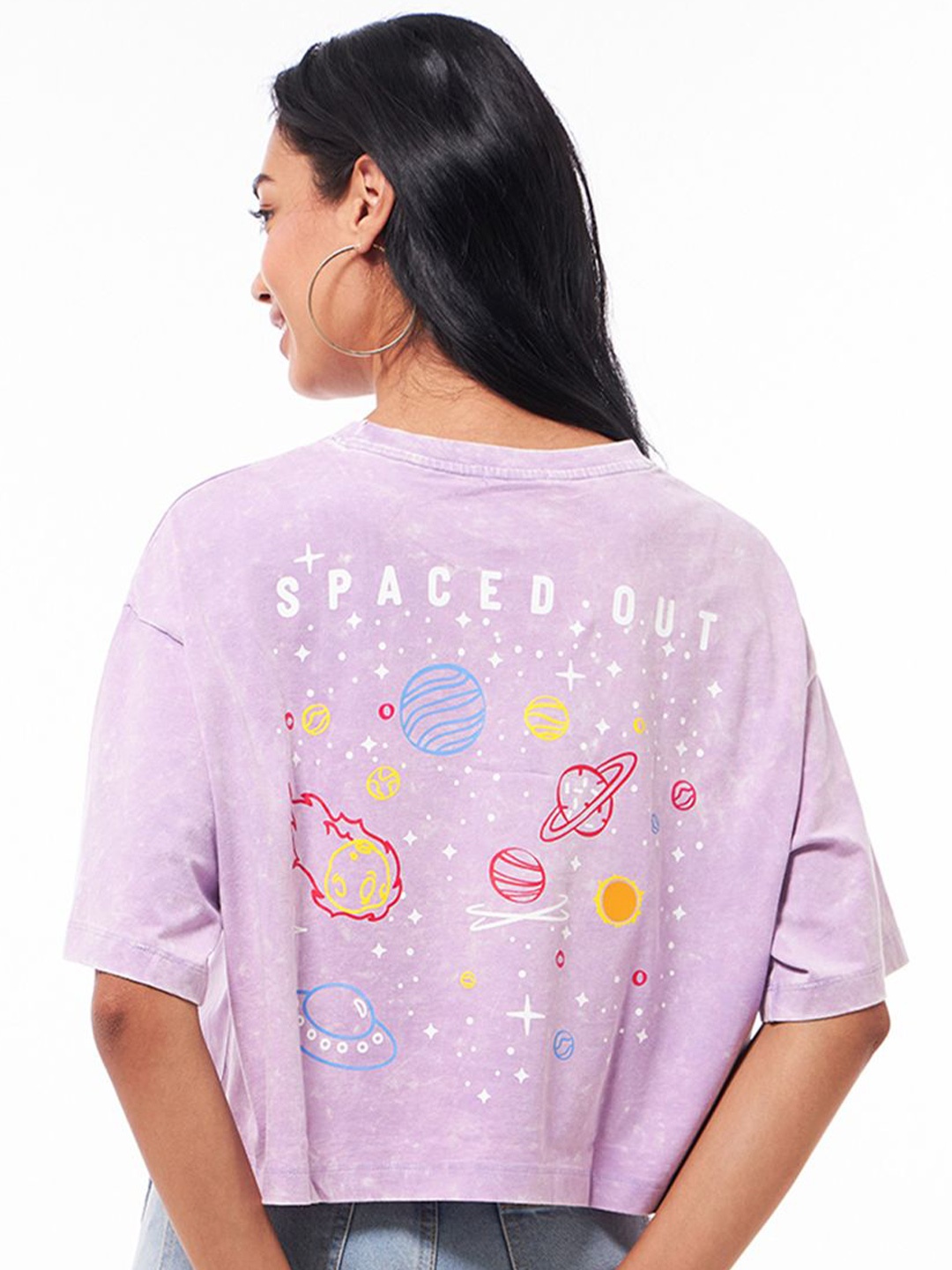 

Bewakoof Women Graphic Printed Round Neck Cotton Oversized T-Shirt, Purple
