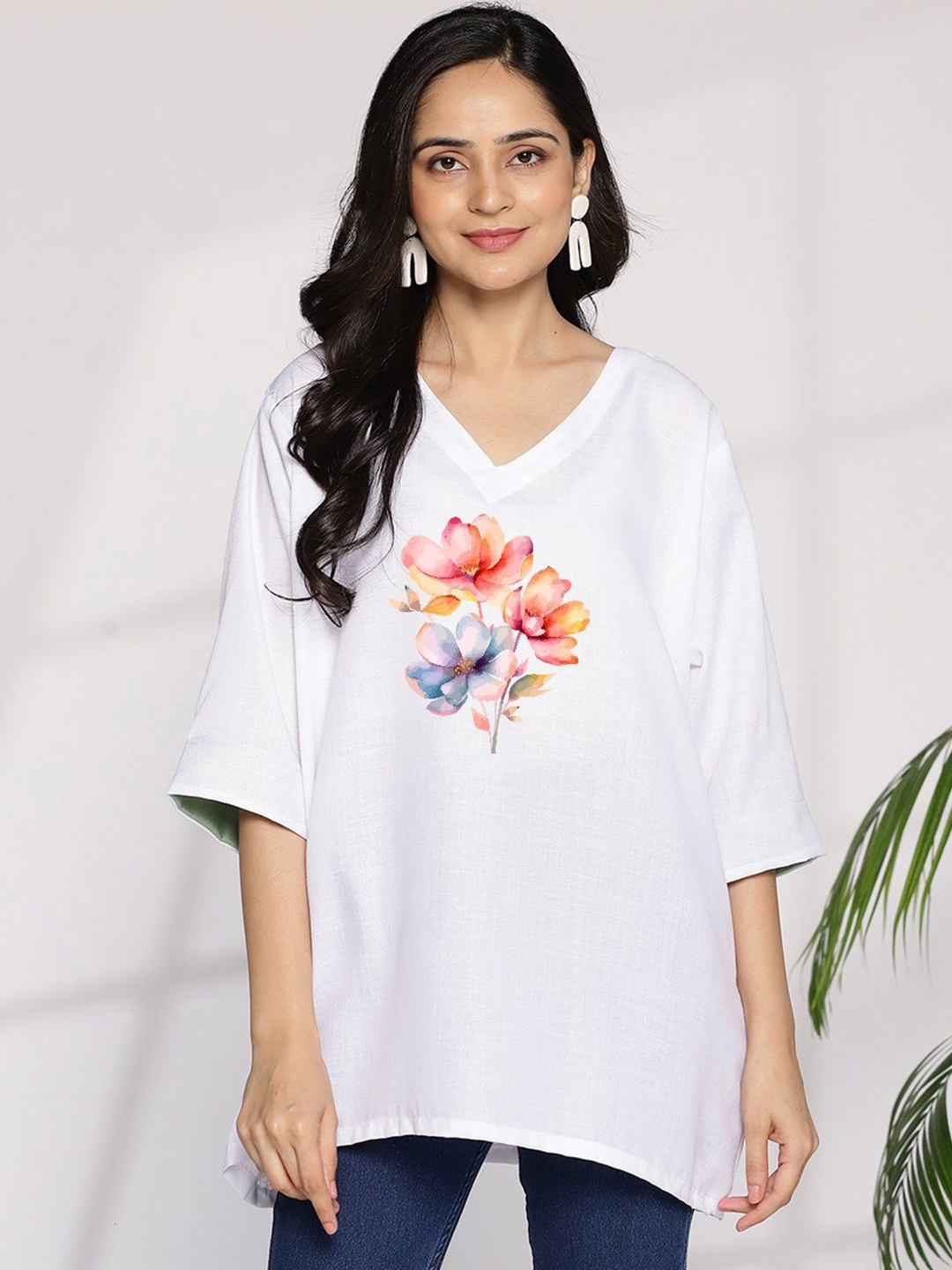

LetsDressUp Women Floral Printed V-Neck Pure Cotton Top, White