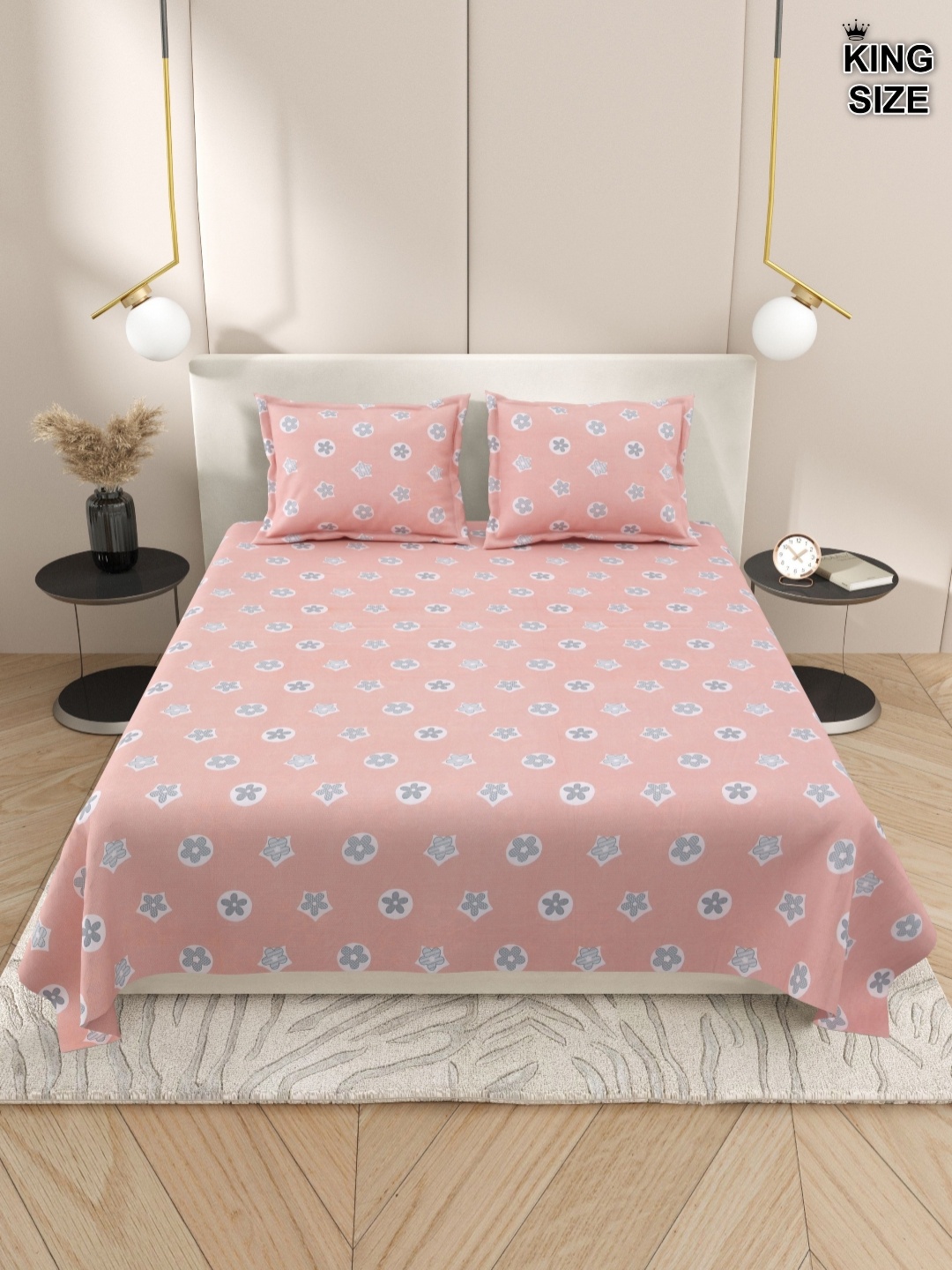 

DREAM WEAVERZ Pink & White Floral 220 TC Cotton King Bedsheet With 2 Pillow Covers