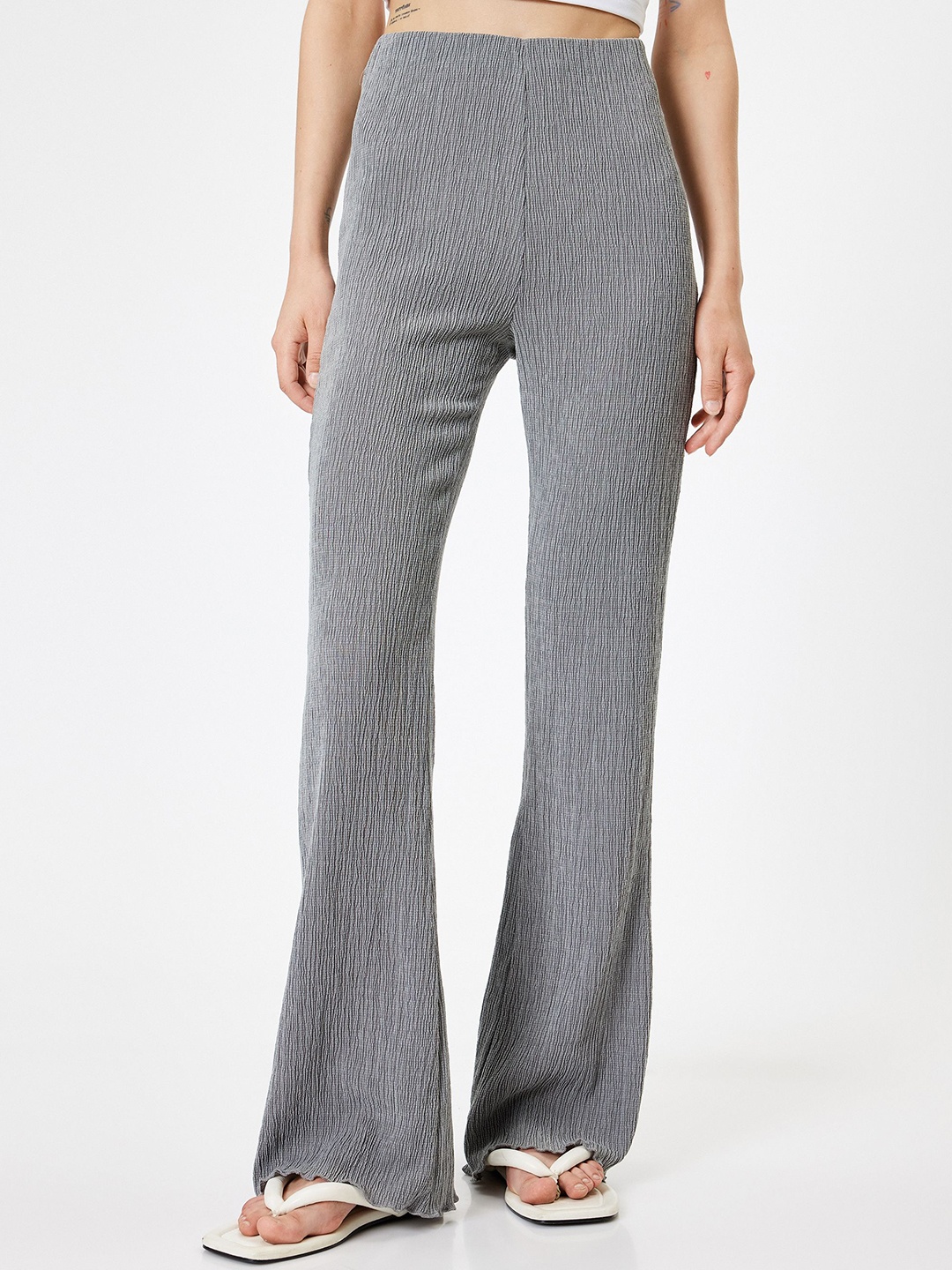 

Koton Women Striped Flared High-Rise Parallel Trousers, Grey