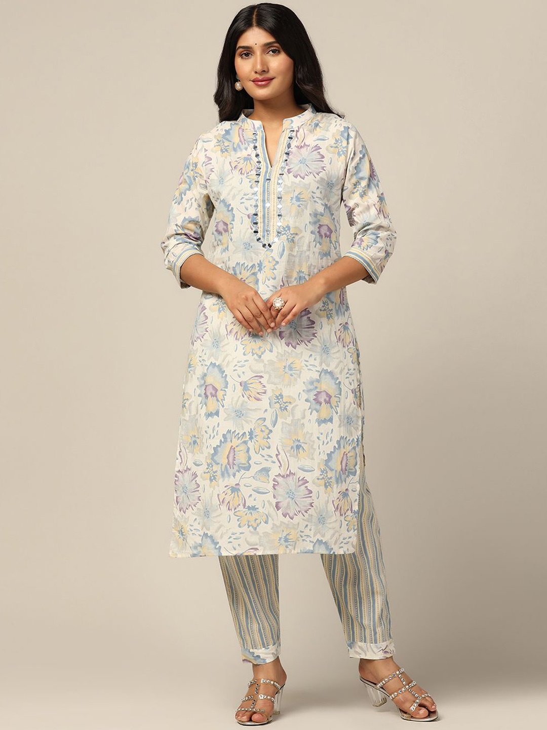 

BAESD Floral Printed Regular Mirror Work Straight Kurta with Trousers & Dupatta, Off white